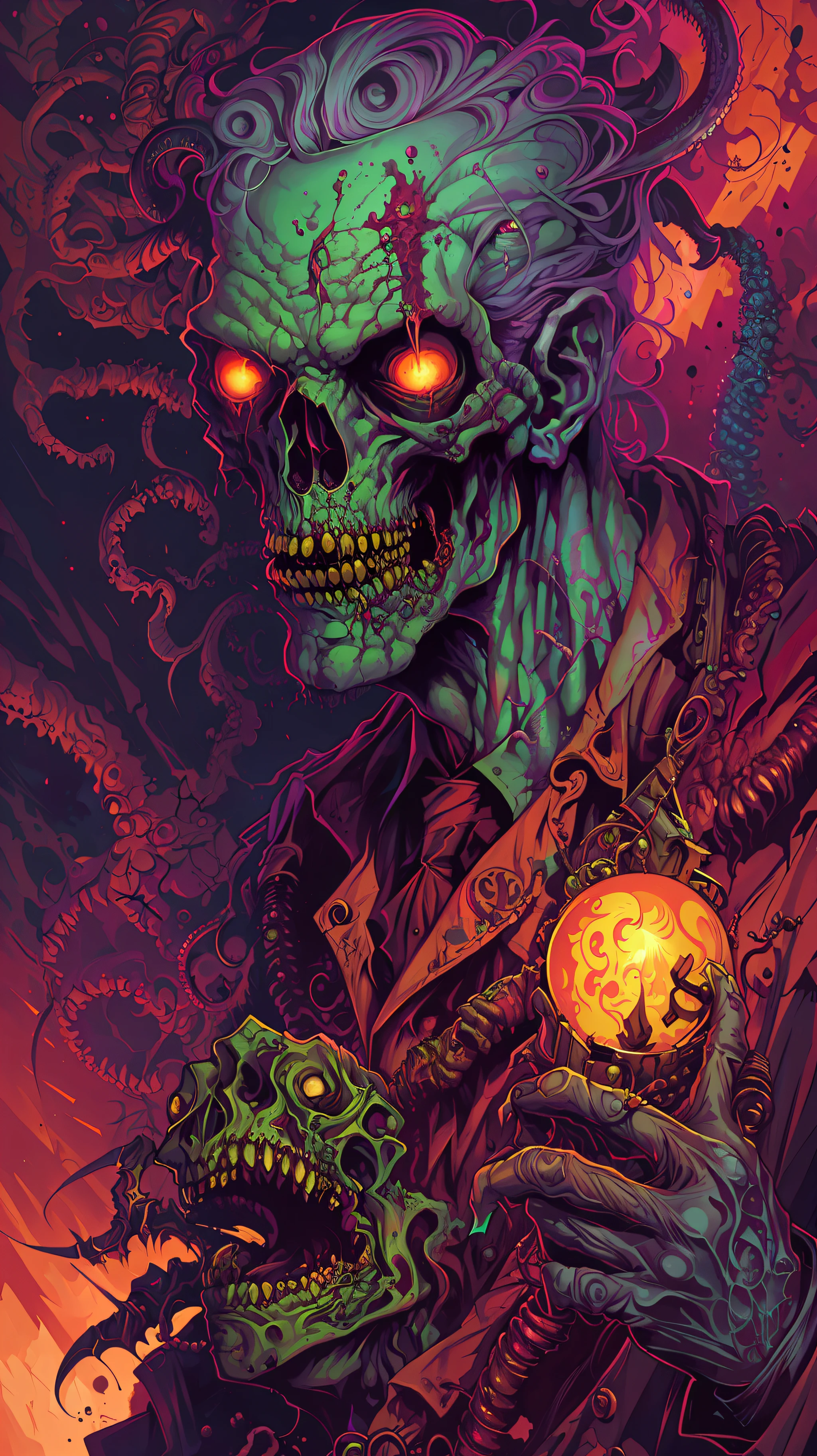 Amazing zombie, (bad dream vision perfect art, 64k ultra hd:1.1), (art by apterus, art by dan mumford, art by lovecraft:1.2)