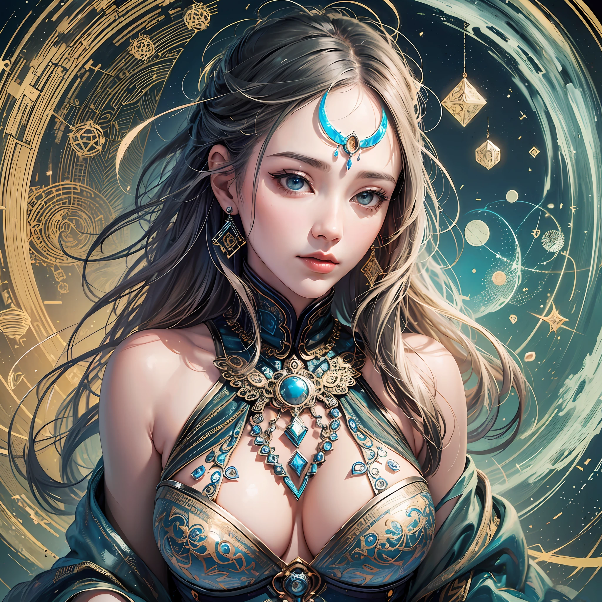 zhangfenghua, (geometric abstract background:1.4), esoteric, 1girl, depth of field (zentangle, mandala, tangle, entangle)
(photorealistic:1.4), official art, unity 8k wallpaper, ultra detailed, beautiful and aesthetic, masterpiece,best quality, (dynamic angle:1.4), glowing skin, (floating colorful sparkles:1) the most beautiful form of chaos, elegant, a brutalist designed, vivid colours, romanticism