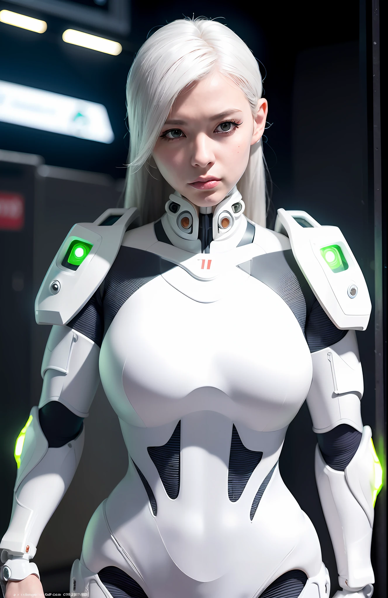 Photorealist, a woman in a white (cyborg suit:1.55), in a cyberpunk city, (standing) (facing the viewer:1.2), white hair, cyborg, robotic parts, beautiful detailed body and face, (looking at the left side:1.3), sakimichan hdri, amouranth, a beautiful detailed orisha, 2049, chiaki nanami, afrofuturist, made in maya, sam yang, 2070, cyborg, robotic parts, 150 mm, beautiful soft light studio, rim light, vibrant details, cyberpunk luxury, lace, hyperrealistic, anatomical, facial muscles, electrical wire cables, microchip, elegant, beautiful background, render octane, 8k, best quality, masterpiece, illustration, an extremely delicate and beautiful, extremely detailed, CG, unit, wallpaper, (realistic, photo-realistic: 1.37), amazing, fine details, masterpiece, best quality, official art, extremely detailed CG unit 8k wallpaper, absurd, incredibly absurd, robot, halmet silver, full body, (nsfw: 1.2), night, bustling with neon signs