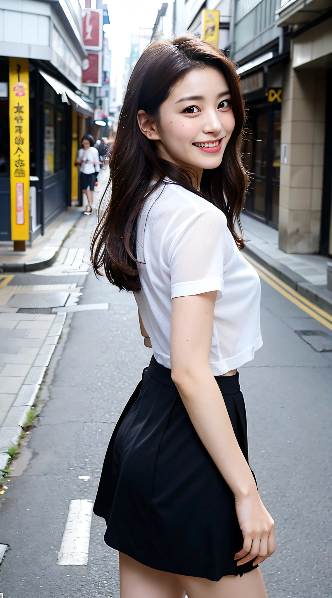 (8k, top quality, masterpiece, portrait), photo of Japan woman along the street, hands, clothes, sheer, looking back with a smile, sensual atmosphere.