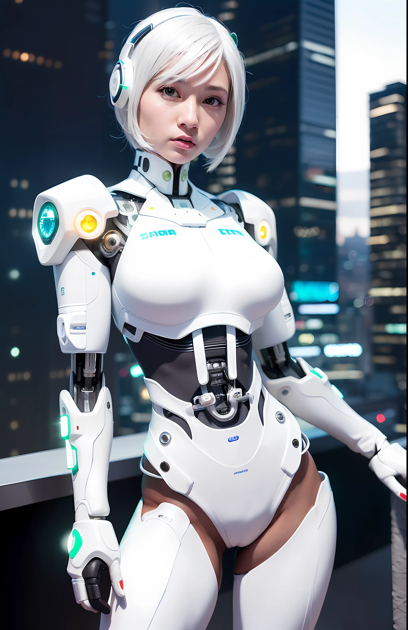 Photorealist, a woman in a white (cyborg suit:1.55), in a cyberpunk city, (standing) (facing the viewer:1.2), white hair, cyborg, robotic parts, beautiful detailed body and face, (looking at the left side:1.3), sakimichan hdri, amouranth, a beautiful detailed orisha, 2049, chiaki nanami, afrofuturist, made in maya, sam yang, 2070, cyborg, robotic parts,  150 mm, beautiful soft light studio, rim light, vibrant details, cyberpunk luxury, lace, hyperrealistic, anatomical, facial muscles, electrical wire cables, microchip, elegant, beautiful background, render octane, 8k, best quality, masterpiece, illustration, an extremely delicate and beautiful, extremely detailed, CG, unit, wallpaper, (realistic, photo-realistic: 1.37), amazing, fine details, masterpiece, best quality, official art, extremely detailed CG unit 8k wallpaper,  absurd, incredibly absurd, robot, halmet silver, full body, (nsfw: 1.2), night, bustling with neon signs