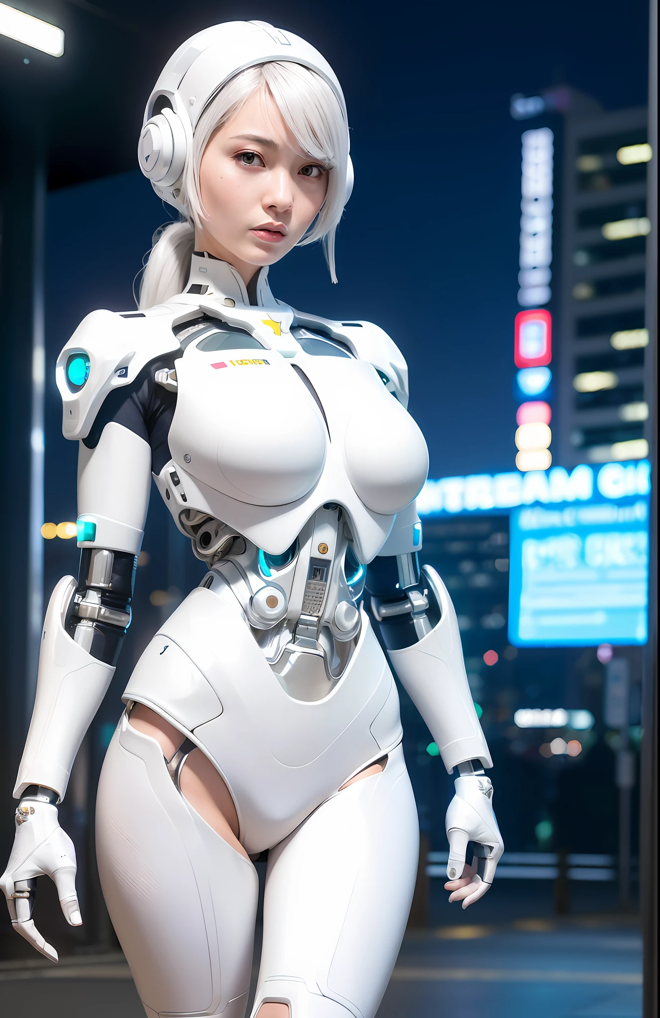 Photorealist, a woman in a white (cyborg suit:1.55), in a cyberpunk city, (standing) (facing the viewer:1.2), white hair, cyborg, robotic parts, beautiful detailed body and face, (looking at the left side:1.3), sakimichan hdri, amouranth, a beautiful detailed orisha, 2049, chiaki nanami, afrofuturist, made in maya, sam yang, 2070, cyborg, robotic parts, 150 mm, beautiful soft light studio, rim light, vibrant details, cyberpunk luxury, lace, hyperrealistic, anatomical, facial muscles, electrical wire cables, microchip, elegant, beautiful background, render octane, 8k, best quality, masterpiece, illustration, an extremely delicate and beautiful, extremely detailed, CG, unit, wallpaper, (realistic, photo-realistic: 1.37), amazing, fine details, masterpiece, best quality, official art, extremely detailed CG unit 8k wallpaper, absurd, incredibly absurd, robot, halmet silver, full body, (nsfw: 1.2), night, bustling with neon signs