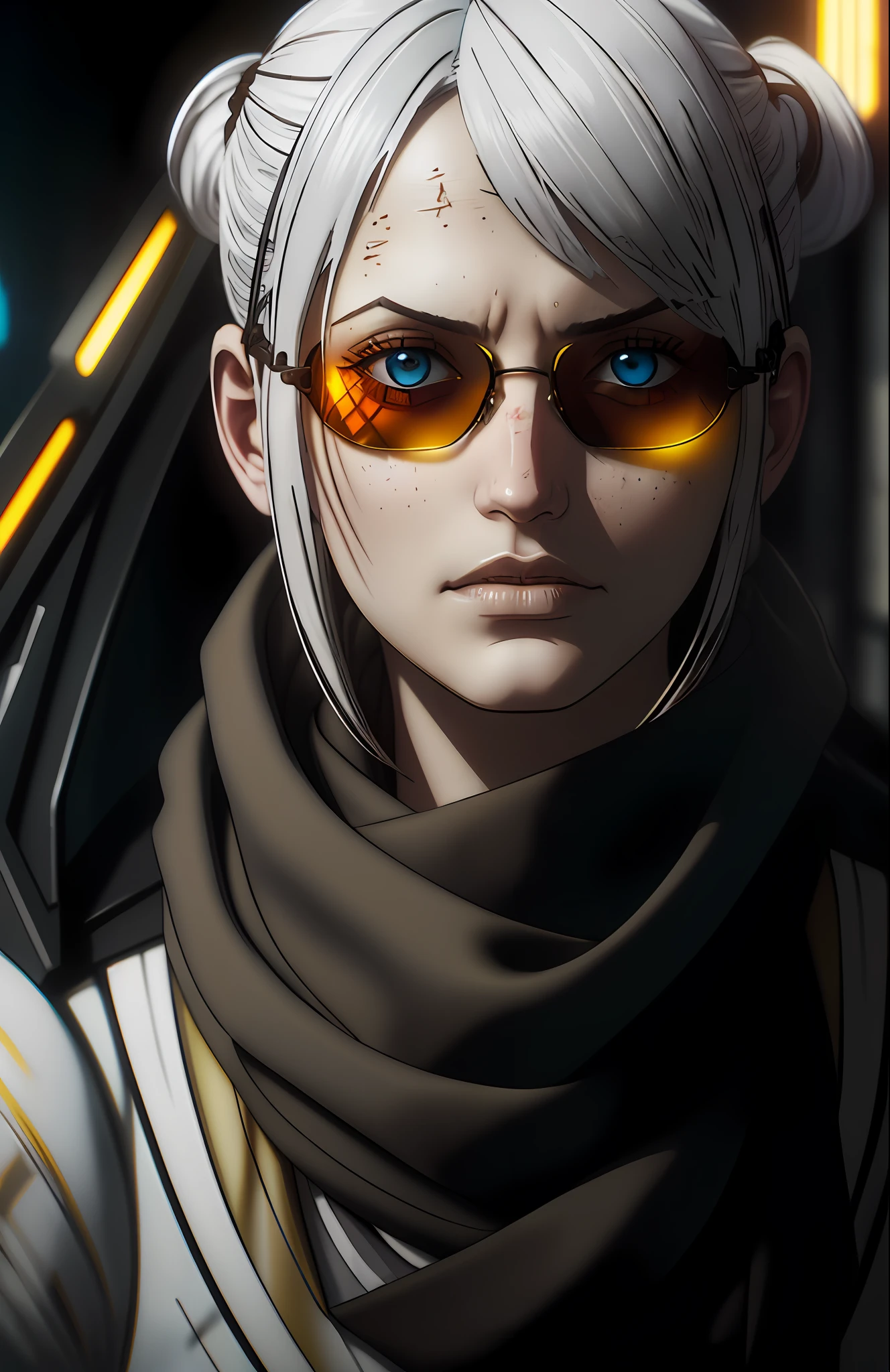 (dark shot:1.1), epic realistic, portrait of halo, sunglasses, blue eyes, tartan scarf, white hair by atey ghailan, by greg rutkowski, by greg tocchini, by james gilleard, by joe fenton, by kaethe butcher, gradient yellow, black, brown and magenta color scheme, grunge aesthetic!!! graffiti tag wall background, art by greg rutkowski and artgerm, soft cinematic light, adobe lightroom, photolab, hdr, intricate, highly detailed, (depth of field:1.4), faded, (neutral colors:1.2), (hdr:1.4), (muted colors:1.2), hyperdetailed, (artstation:1.4), cinematic, warm lights, dramatic light, (intricate details:1.1), complex background, (rutkowski:0.66), (teal and orange:0.4)
