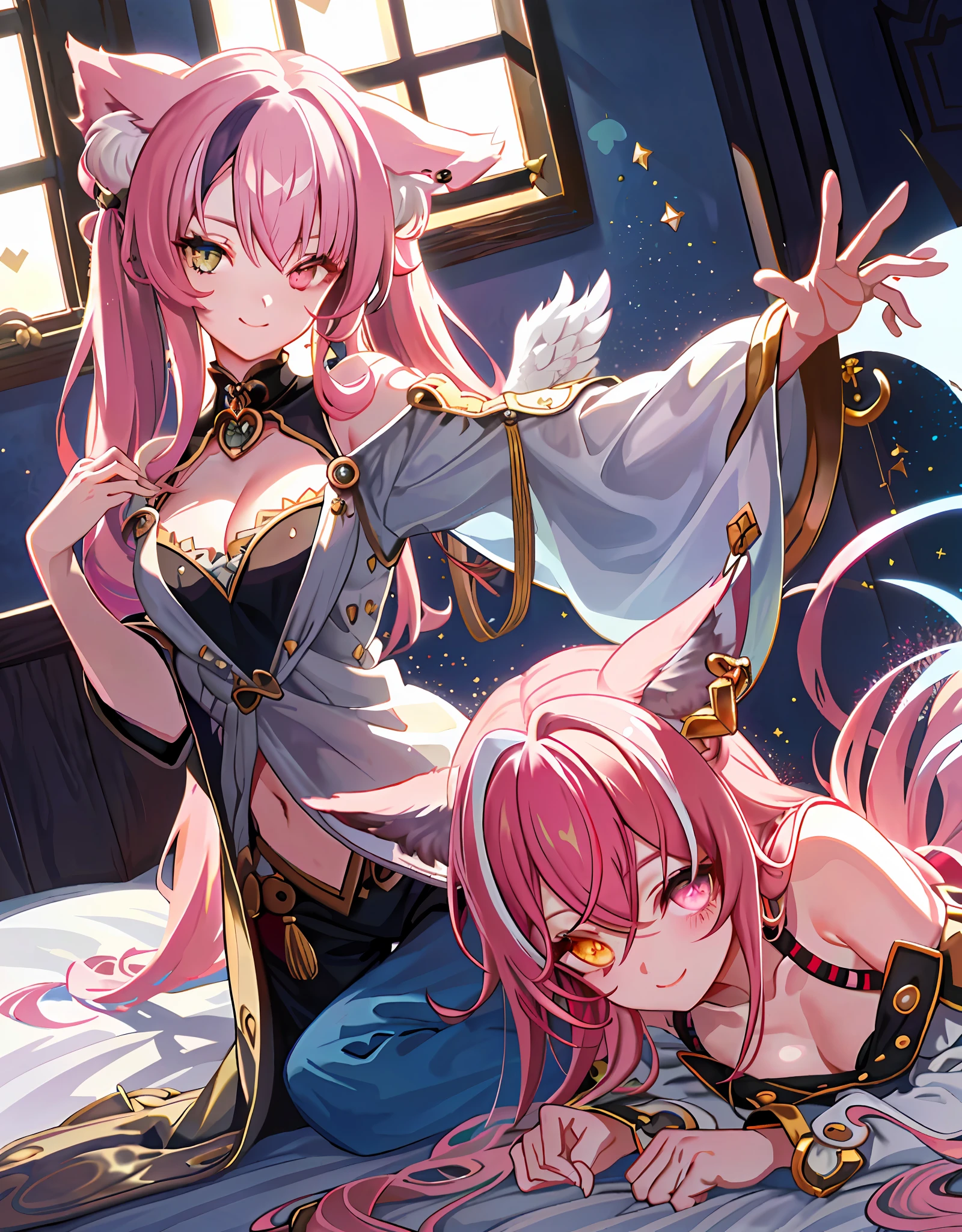 Close-up, thick 4, Perfect anatomy: 5, upper body, 1 girl, smile, wolf ears, wolf tail, pink eyes, hair between eyes, (((((wink)))), D cup, cleavage, striped hair, (((Variegated hair color: 1)))), Variegated hairstyle: 1, twin tails, ultra-detailed gradient hair, jewelry at the ends of the hair, long hair, jewelry at the ends of the hair, ( Thin pajamas with a fluttering chest: 15), AI super luxurious bedroom and cute interior: 5, (on the bed: 15) on all fours, looking at the viewer embarrassedly and laughing, turning around from behind, blushing, the morning sun shining through the window,