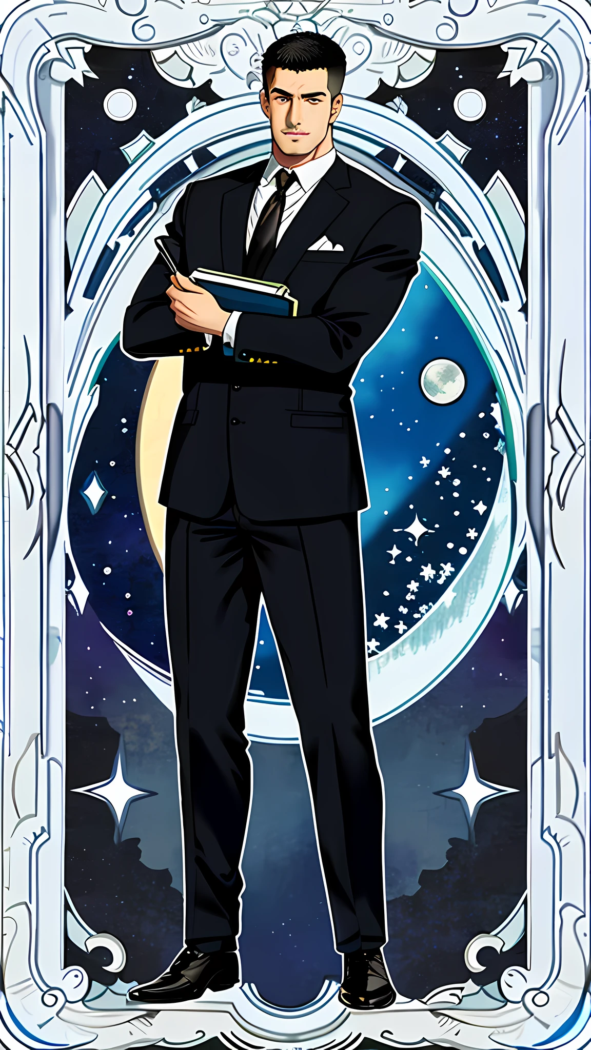 masterpiece, best quality, full body, card, 1 man, the moon, calm, clever, short hair, black hair,  brush cut, standing, blue, night sky, purple, book, pen, buzz cut, black suit, royal, gentle, man, center, best pose, technology, high-tech,silver, super detailed, luxury, handsome, muscle, big guy