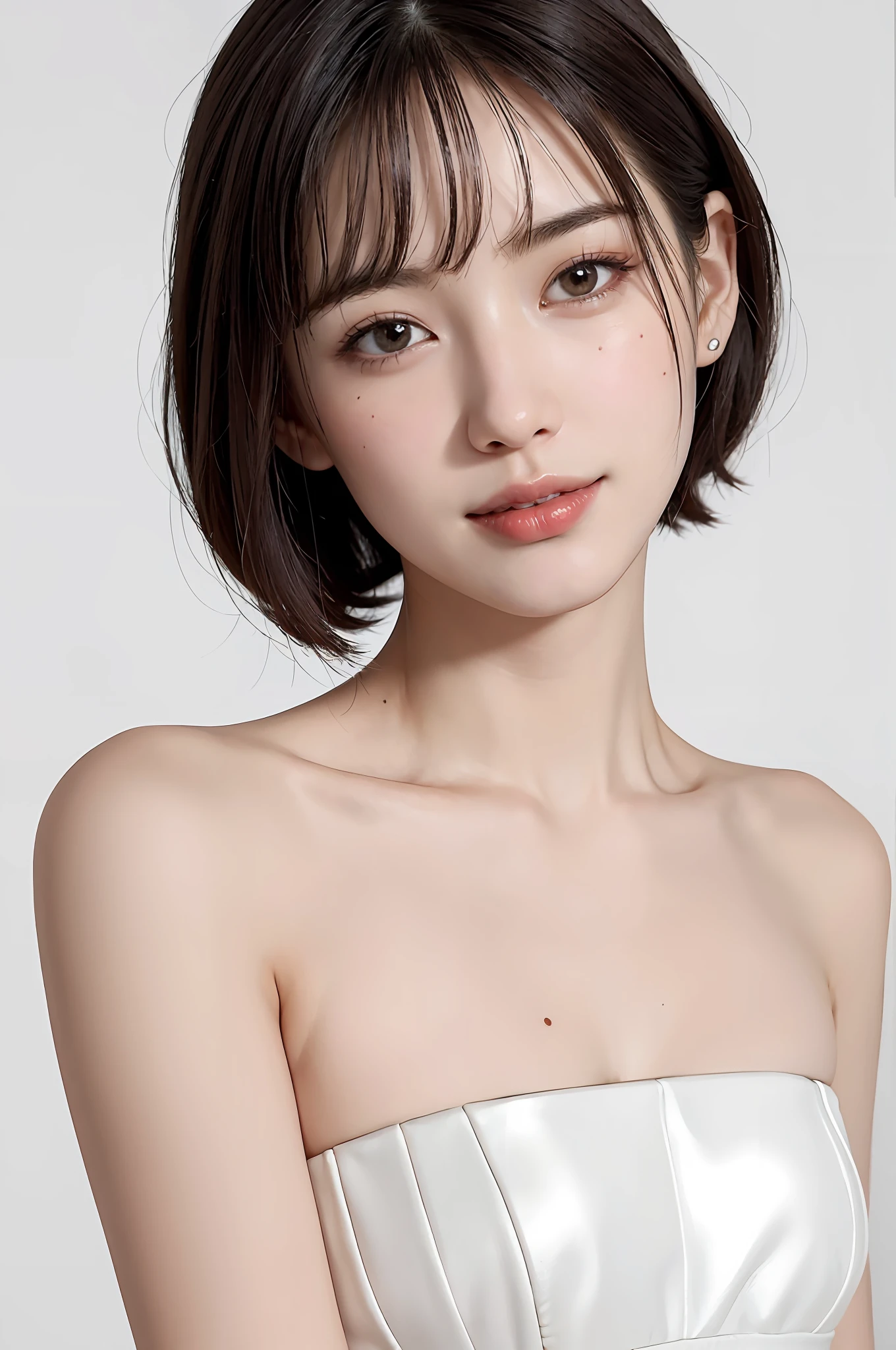 ((masterpiece, top quality, high definition)), 1 girl, (photorealistic: 1.4), solo, white background, snow-white background, mouth closed, happy smile, happy smile, pretty black hair, short hair, big eyes, clear double eyelids, eyelashes, ears out, long neck, long neck, absolute area, ((face close-up)), (drawing all head, shoulders), 19 years old, attractive proportions, shiny skin, clean collarbone, face in golden proportion, perfect face, tearful mole, mole on chest, bangs, clean bangs, lip gloss, thin lips, pale skin, naked, big breasts, small face, small face, gaze staring at the camera,