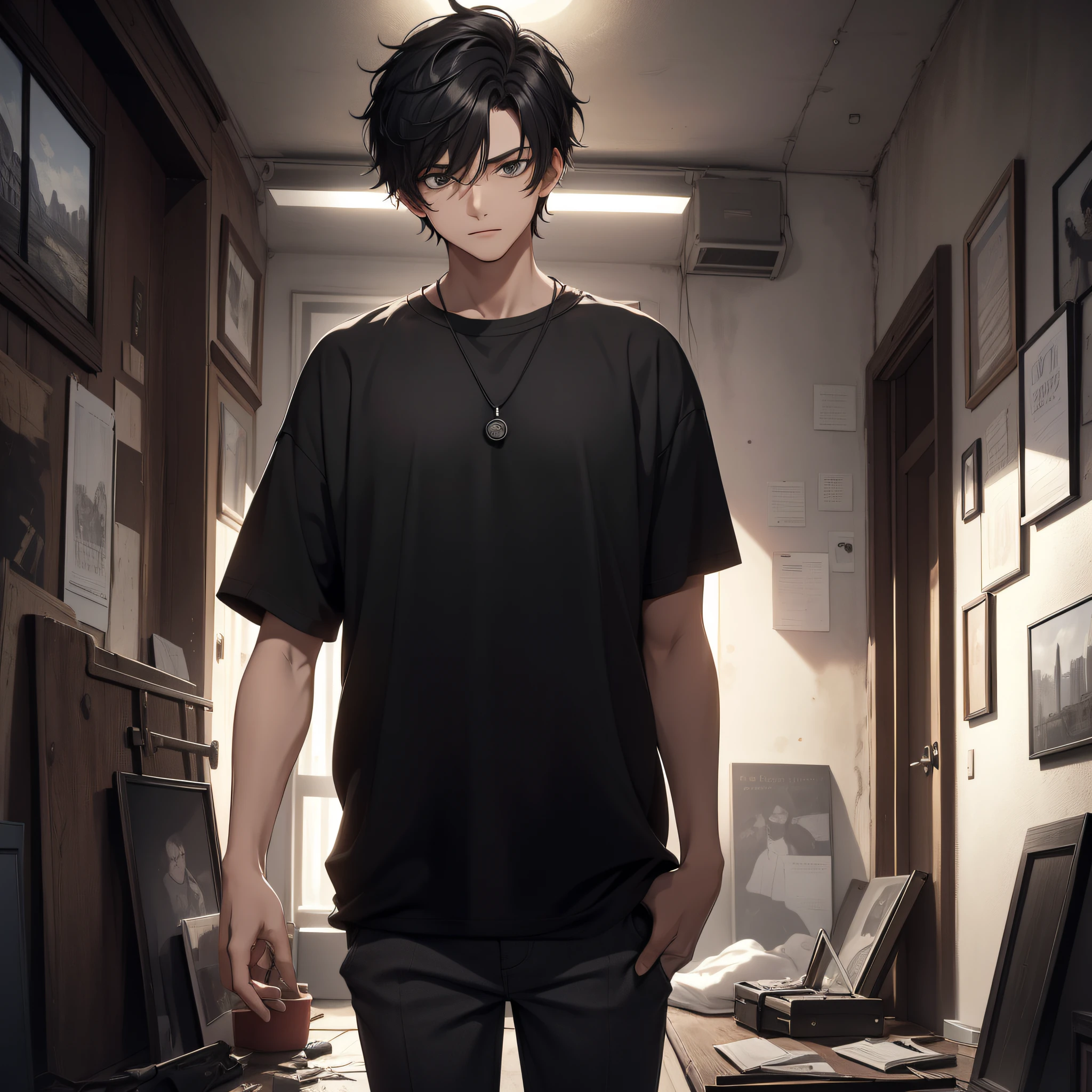 Absurd resolution, high resolution, (masterpiece: 1.4), hyper-detail, young man's messy short black hair, black casual clothes, eerie room, looking at the wall clock (1.5)