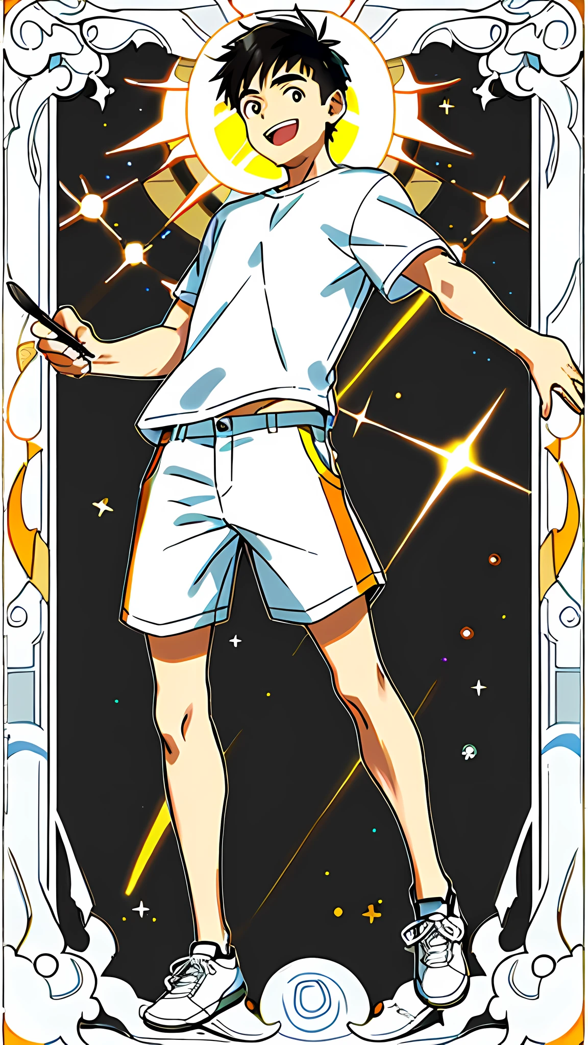masterpiece, best quality, full body, card, 1 guy, the sun, happy, laugh, short hair, black hair, brush cut, white shirt, standing, white, light, yellow, orange, black, buzz cut, bara, street style, white t-shirt, sport, center, young guy, looking at viewer, holding nothing, sunshine, teenager boy