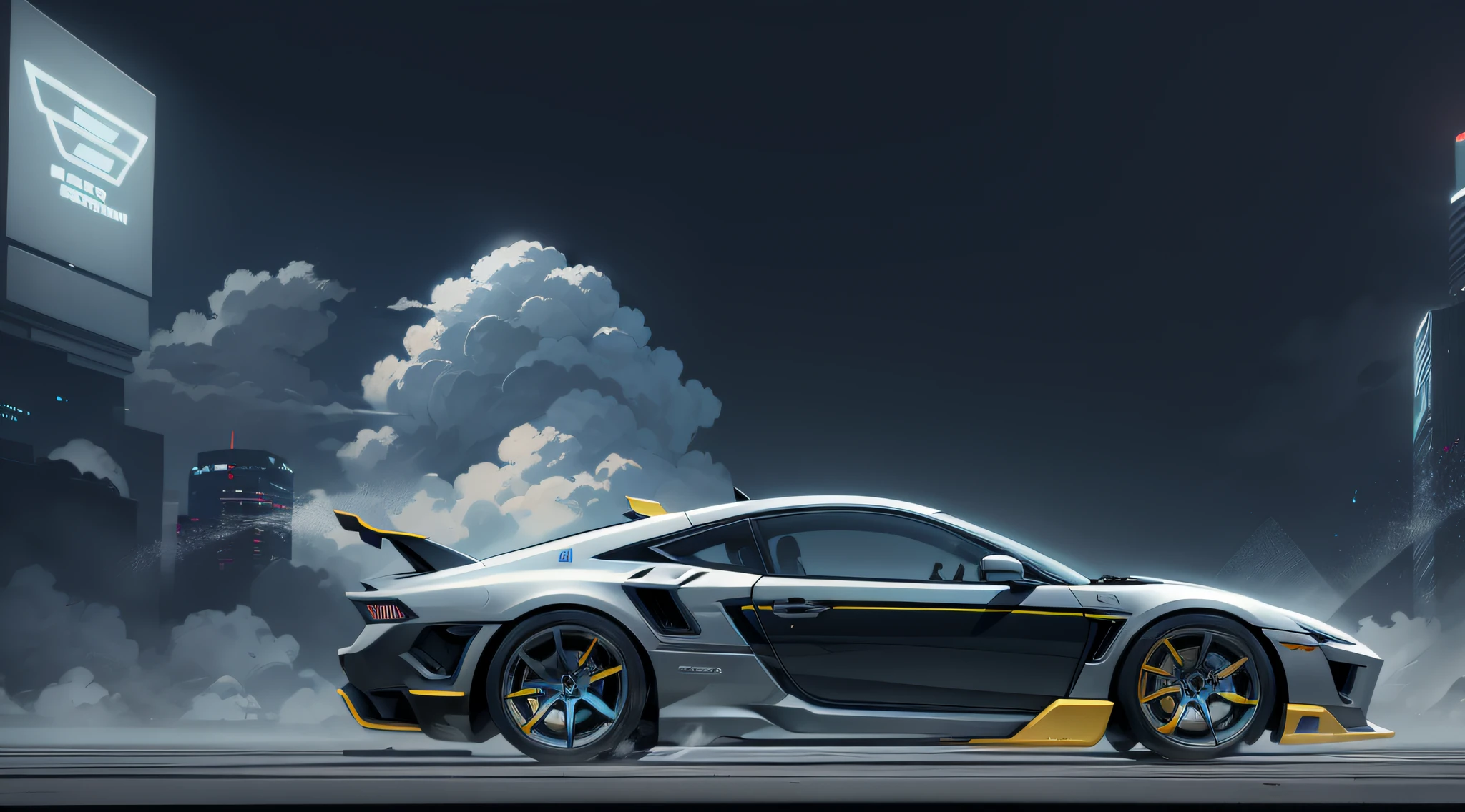 Tech Car, Vector Line Drawing, Computer Wallpaper, Masterpiece, Hyperrealism, Landscape, Future, Blue Sky and White Clouds, Cyberpunk