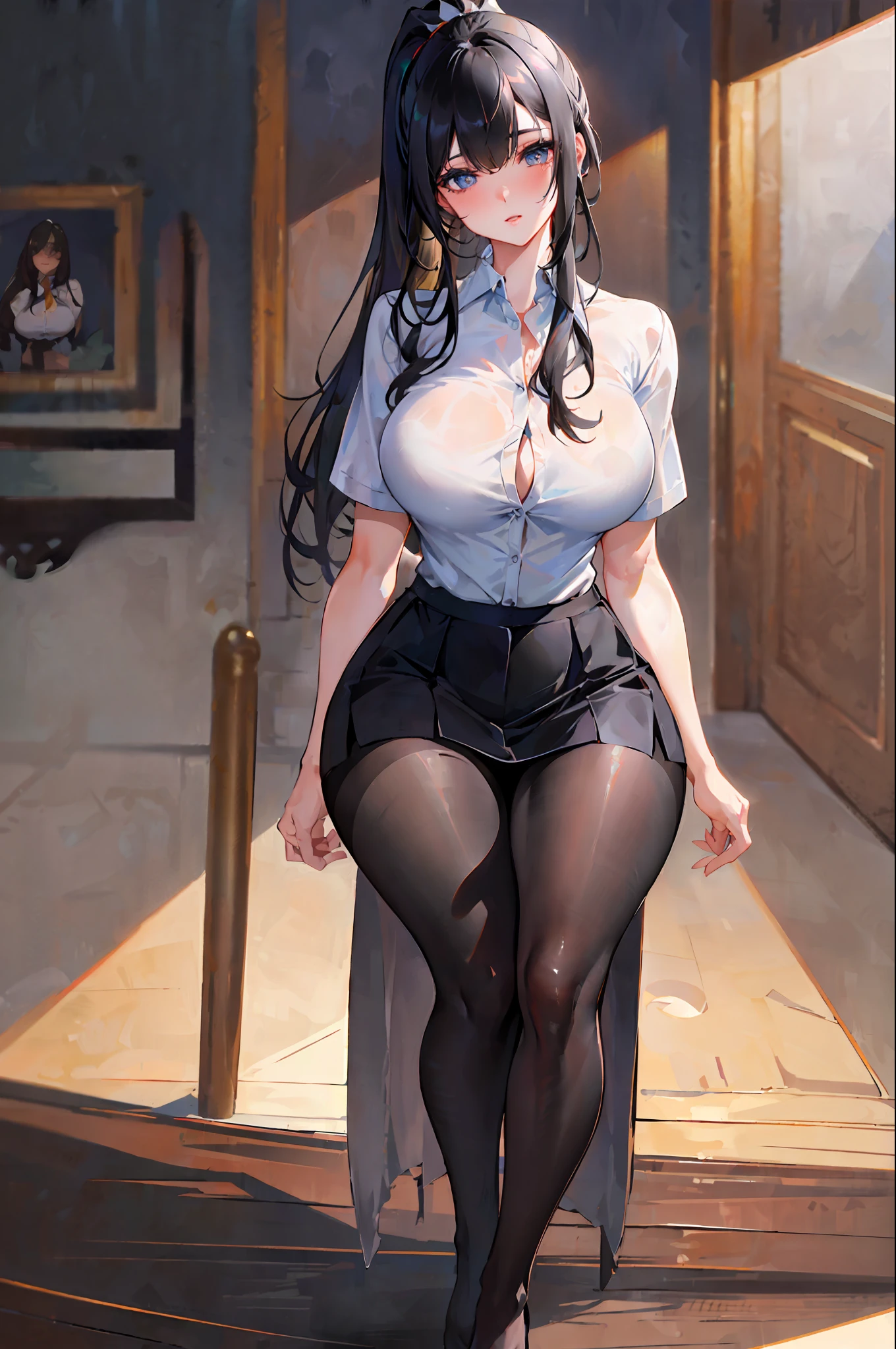 ultra realistic 8k cg, perfect face, flawless, clean, masterpiece, professional art, famous art, perfect face, gorgeous face, gorgeous eyes, (((perfect female body)), large breasts, solo, skirt, blush, seductive expression, extremely detailed eyes, thick thighs, bedroom, ((black hair)), long hair, ponytail, beautifully detailed background, depth of field, bdsm, skindentation, full body, shirt, pantyhose,