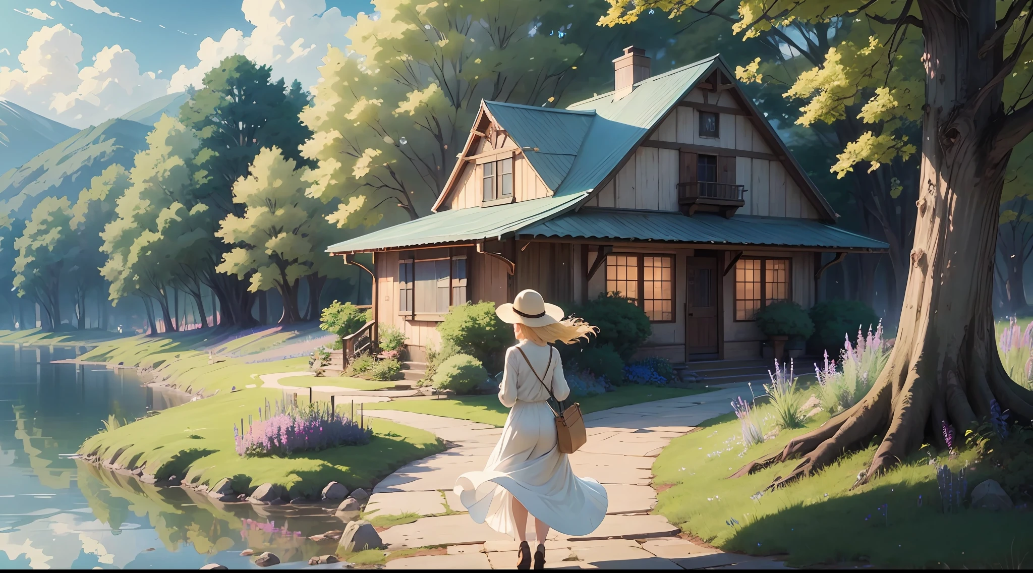 Character: A Woman heading towards home, blonde, bright light blue eyes, transparent white dress. Anime scenery of a house and a lake with a bench, anime countryside, anime background art, anime landscape wallpaper, relaxing concept art, anime scenery, anime background, anime landscape, beautiful anime peace scene, awesome art style, 4k anime style, lofi art style, 8k anime art wallpaper, beautiful anime setting, makoto shinkai cyril rolling . Lighting: The lighting is extremely strong, alternating between light and shadow, with special focus on the color green. Using ray tracing reflections and RTX to perfect the sunlight that illuminates every woman, making her hair and dress transparent and creating bright reflections, the river is transparent reflecting the entire landscape. Technical Details: Use Unreal Render, Octane Render and HDR to ensure quality in 8K UHD. Additional Elements: Add mushrooms, flowers and colorful butterflies. The shadows and lights should be intense to reinforce the feeling of strong wind. Colors should be vibrant and vivid. . Note: The Woman has to be close to the screen --auto --s2