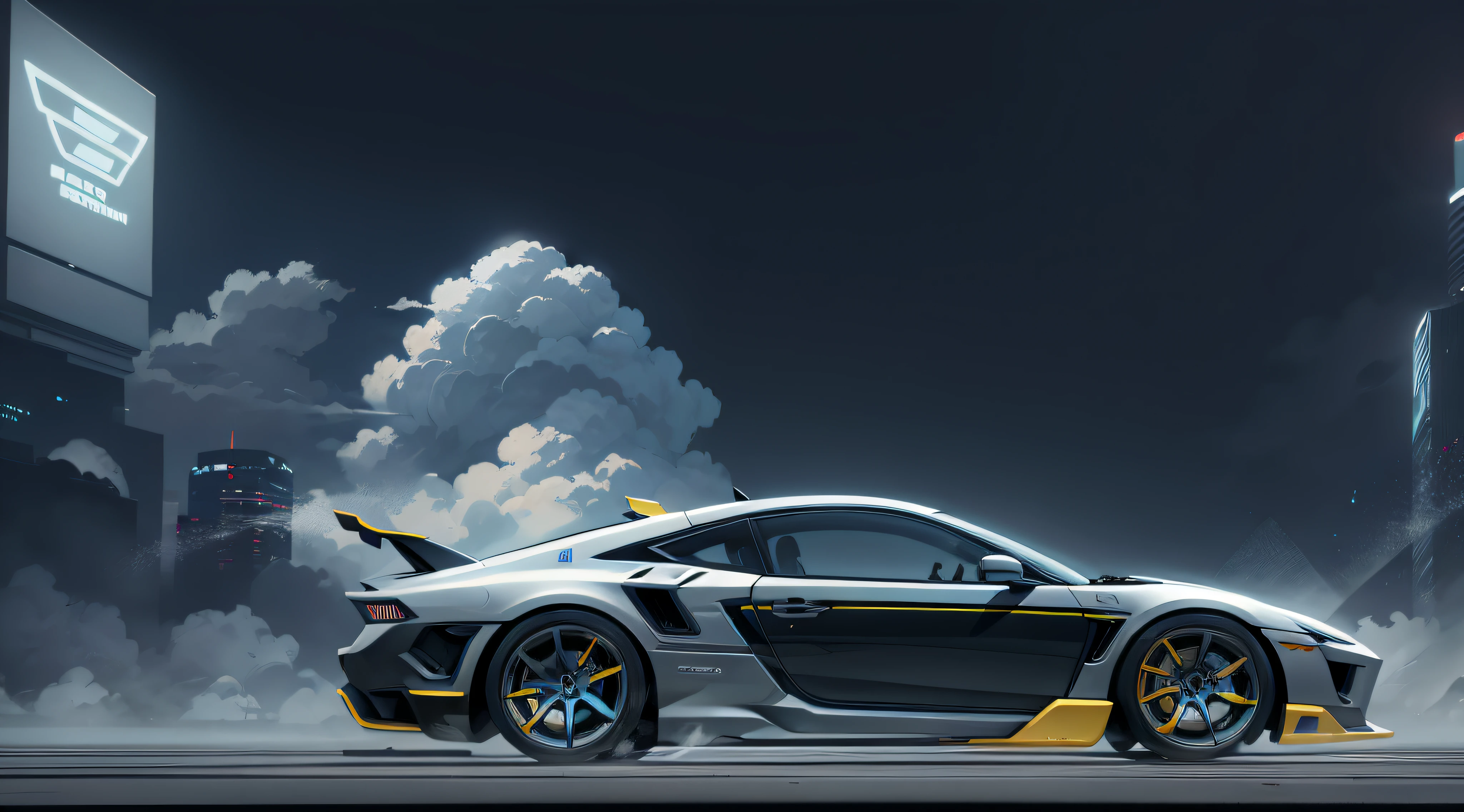 Tech Car, Vector Line Drawing, Computer Wallpaper, Masterpiece, Hyperrealism, Landscape, Future, Blue Sky and White Clouds, Cyberpunk