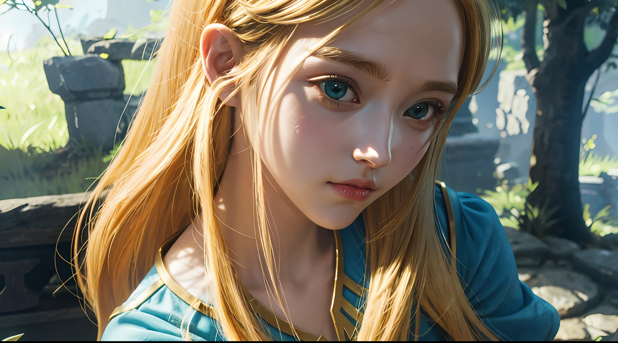 Anime girl with golden hair and blue eyes looking at camera, cute girl, The Legend of Zelda, soft lighting, The Legend of Zelda Breath of the Wild, Zelda