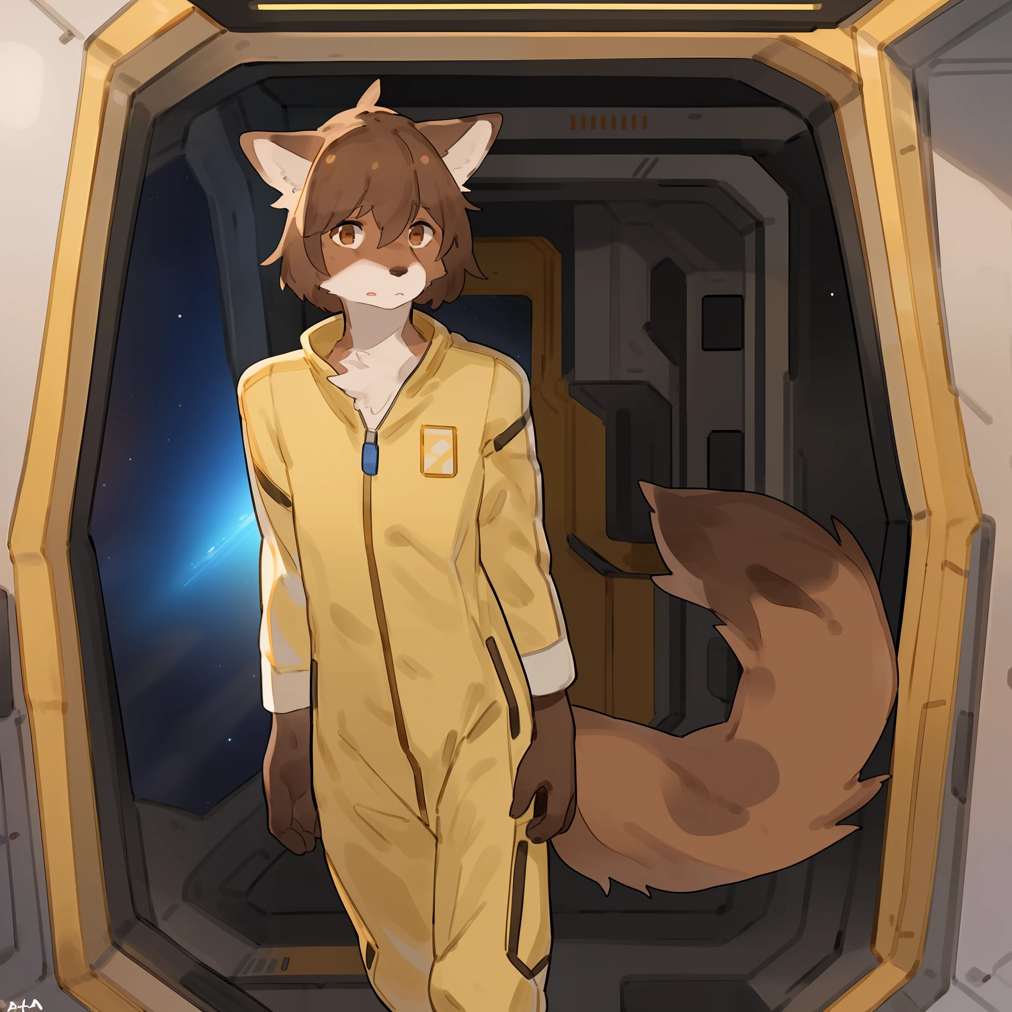 Solo, fox, (((brown fur, brown body, patternless, no fur pattern, plain fur))), brown eyes, brown hair, shoulder length hair, concerned expression, ((snout, long snout)), yellow jumpsuit, yellow spacesuit, space, spaceship, window, athletic, standing, ray gun, by bebebebebe, (((by buta99))), detailed eyes, detailed hands