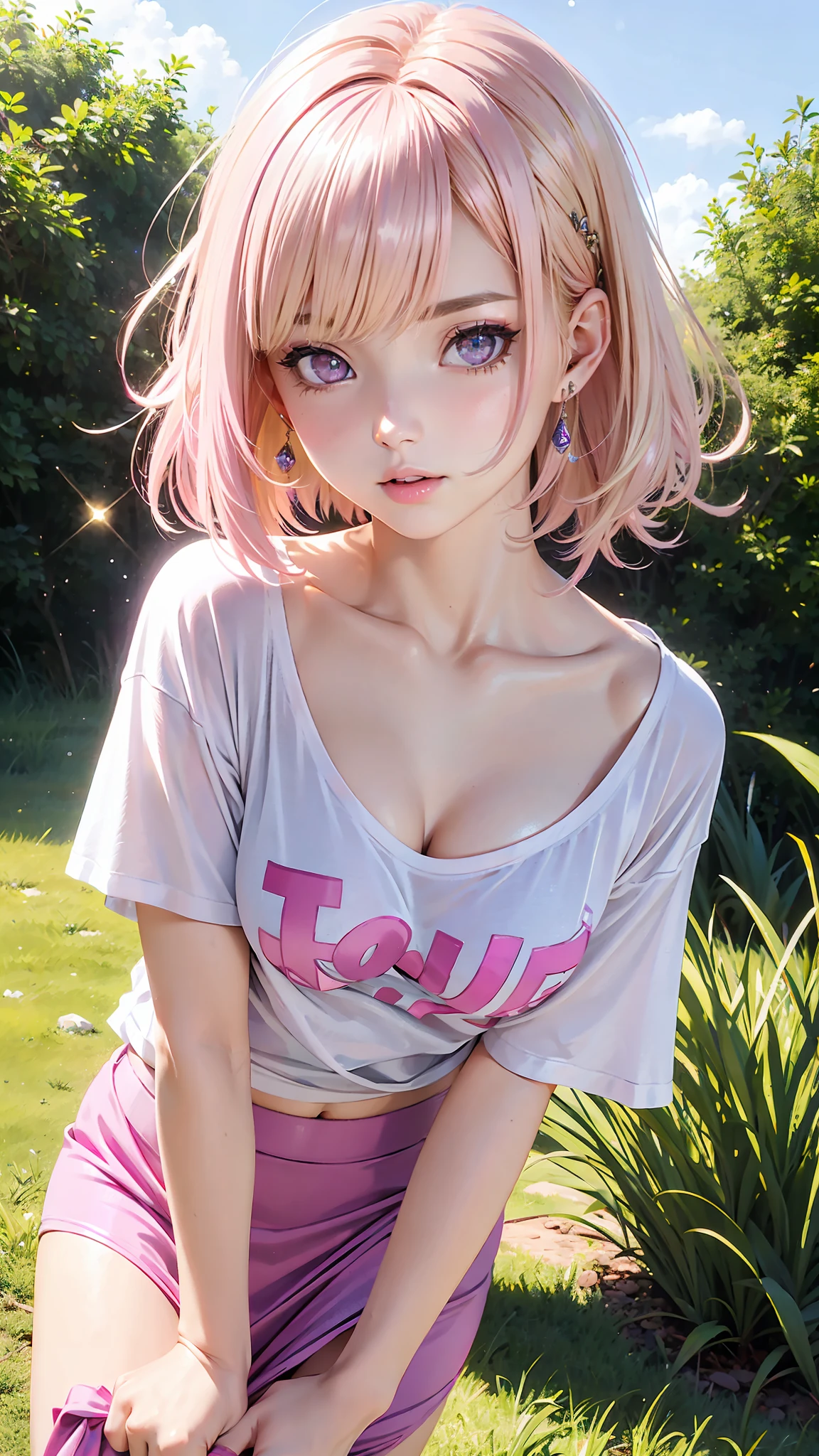 Realistic, Hyper Detail, Girls Only, 17yo, Dynamic Lighting, (Glossy skin: 1.5), Masterpiece, Top Quality, Absurdity, one side cut layered bob,((Blonde to pink Hair:1.3), ((purple clear Eyes)),((Beautiful, detailed eyes, jewel-like eyes, sparkling eyes:1.3)) ,BREAK
1girl, cute,
from front, from below,
all fours, bent over, peeping, (small breasts:1.2), oversized (T-shirt:1.3), culotte skirt, opened cleavage, (bra:0.8),,
outdoor, grasslands, sunlight, blue sky,
wondering