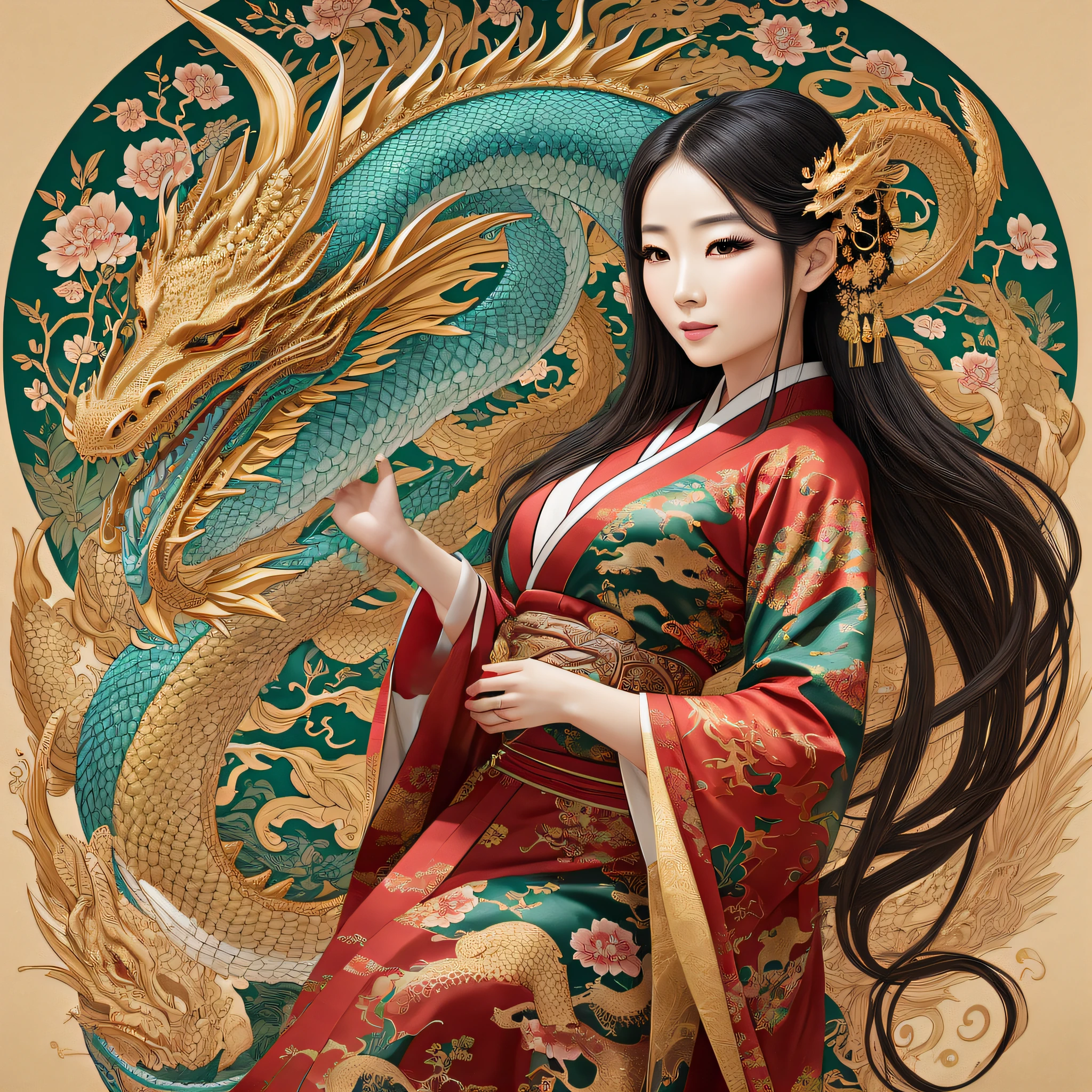 there is a woman in a red and green dress holding a dragon, a beautiful artwork illustration, the dragon girl portrait, japanese goddess, beautiful digital artwork, a beautiful fantasy empress, dragon girl, ancient chinese goddess, palace ， a girl in hanfu, chinese fantasy, stunning digital illustration, by Yang J, ancient chinese princess, beautiful digital illustration, exquisite digital illustration