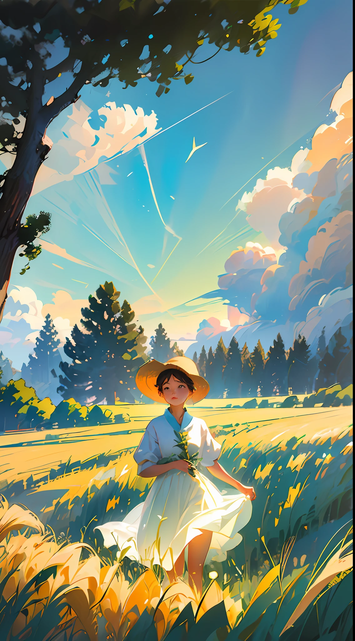Sighing way home, wheat field, peasant uncle in straw hat standing in wheat field, big clouds, blue sky, rice fields, neat rice seedlings in the field, forest, hillside, secluded, countryside, HD detail, hyper detail, film, surrealism, soft light, deep field focus bokeh, ray tracing, surrealism. --v6