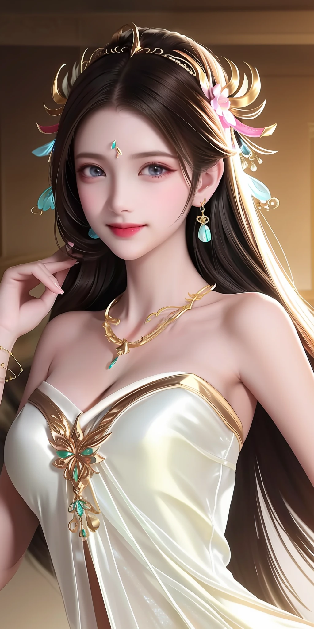 Best quality, masterpiece, high resolution, 1girl, clear silk porcelain dress, beautiful face, hair accessories, looking at the audience, smiling, close your mouth, lips, dress, hair accessories, necklaces, jewelry, long hair, earrings, beautiful face, on the body, Tindal effect, realism, dark studio, edge lighting, two-tone lighting, (high detail skin: 1.2), 8k UHD, DSLR, soft light, high quality, volumetric lighting, photo, high resolution 4K, 8k, blurred background