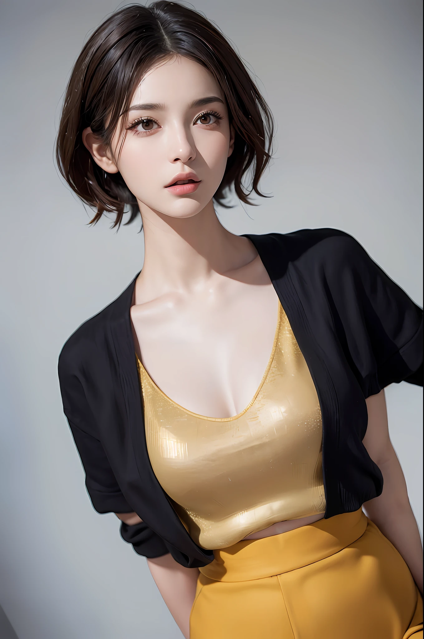 (Masterpiece: 1.3), (8k, Photorealistic, RAW Photo, Best Quality: 1.4), (1girl), Beautiful Face, (Realistic Face), (Black Hair, Short Hair: 1.3), Beautiful Hairstyle, Realistic Eyes, Beautiful Detail Eyes, (Realistic Skin), Beautiful Skin, (Sweater), Full Body Portrait, Yellow Camisole, Flared Skirt, Absurd, Attractive, Ultra High Resolution, Ultra-realistic, high-definition, golden ratio