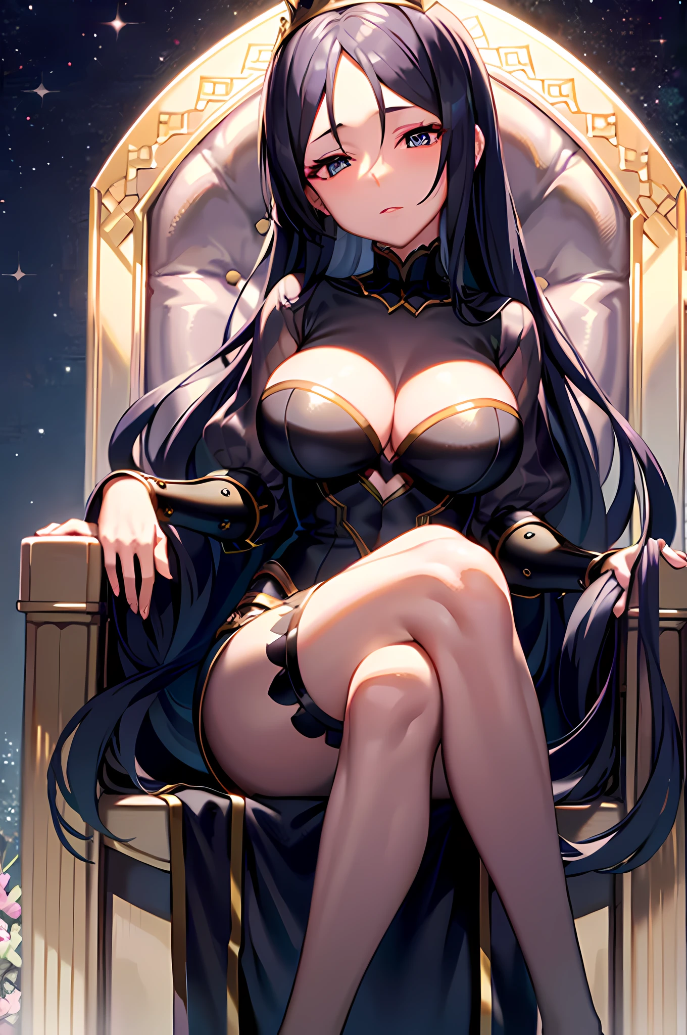 masterpiece, best quality, high resolution, HS1,barefoot, knees up, sitting position, (cinema light, best quality backlight), clear lines, seen from below, single woman, perfect body, (1girl), (emperor, black sheer clothes), (crown: 1.1) , sitting on the throne, slightly closed eyes, looking down, turning head, ((makeup)),