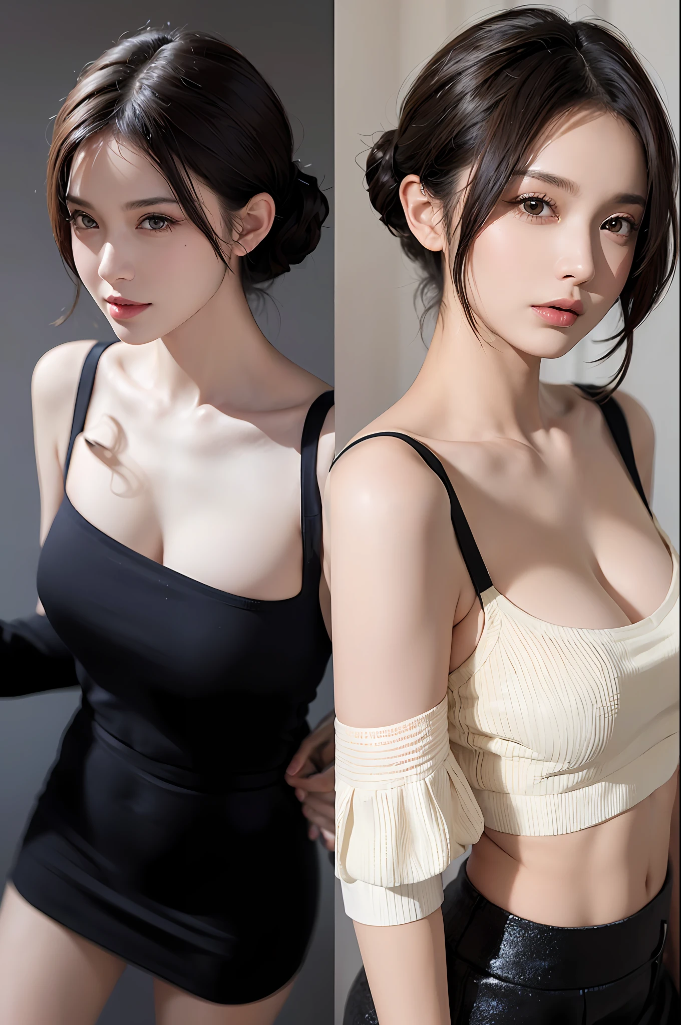 (Masterpiece: 1.3), (8k, Photorealistic, RAW Photo, Best Quality: 1.4), (1girl), Beautiful Face, (Realistic Face), (Black Hair, Short Hair: 1.3), Beautiful Hairstyle, Realistic Eyes, Beautiful Detail Eyes, (Realistic Skin), Beautiful Skin, (Sweater), Full Body Portrait, Yellow Camisole, Flared Skirt, Absurd, Attractive, Ultra High Resolution, Ultra-realistic, high-definition, golden ratio