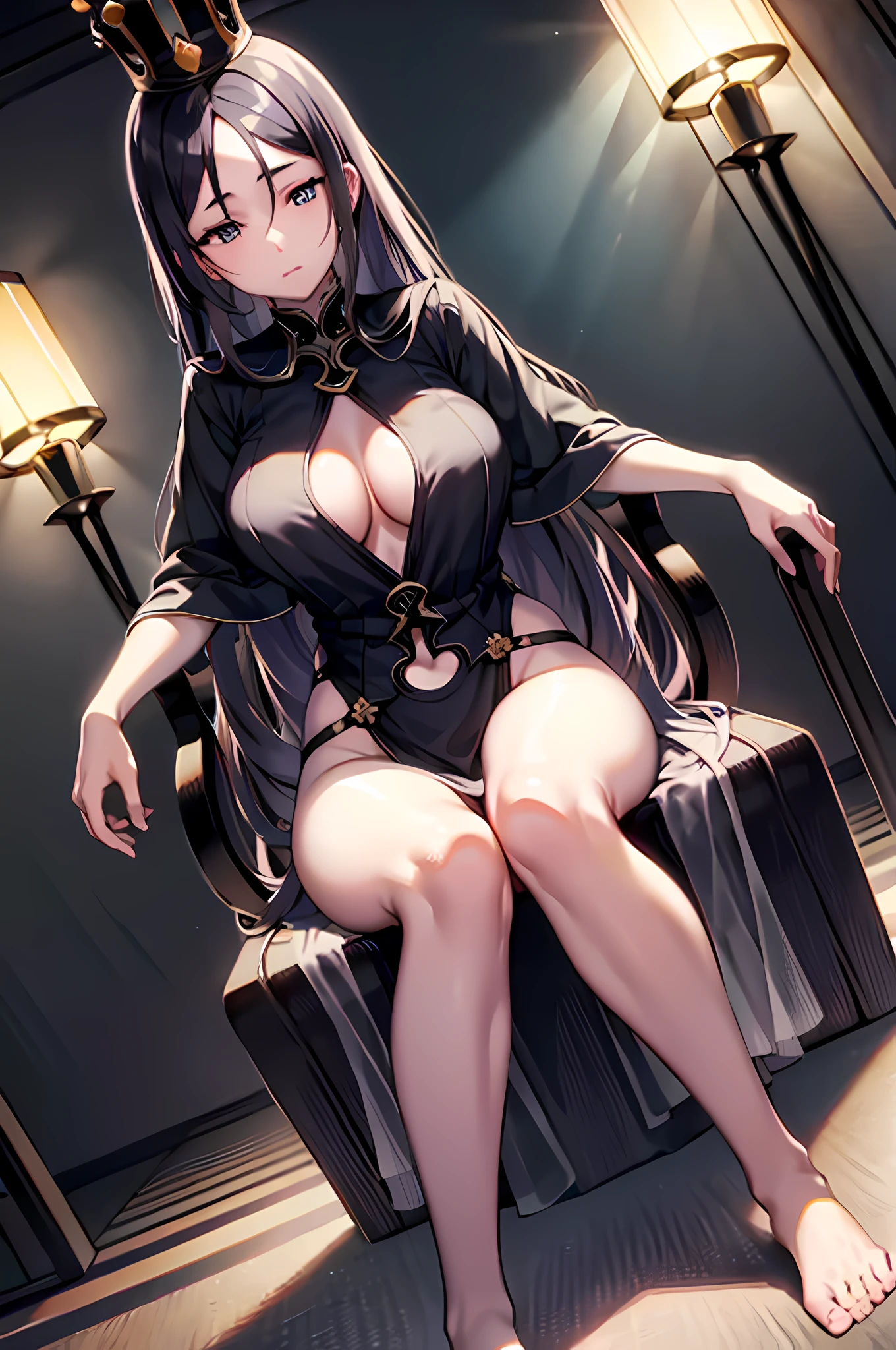 masterpiece, best quality, high resolution, HS1,barefoot, knees up, sitting position, (cinema light, best quality backlight), clear lines, seen from below, single woman, perfect body, (1girl), (emperor, black sheer clothes), (crown: 1.1) , sitting on the throne, slightly closed eyes, looking down, turning head, ((makeup)),