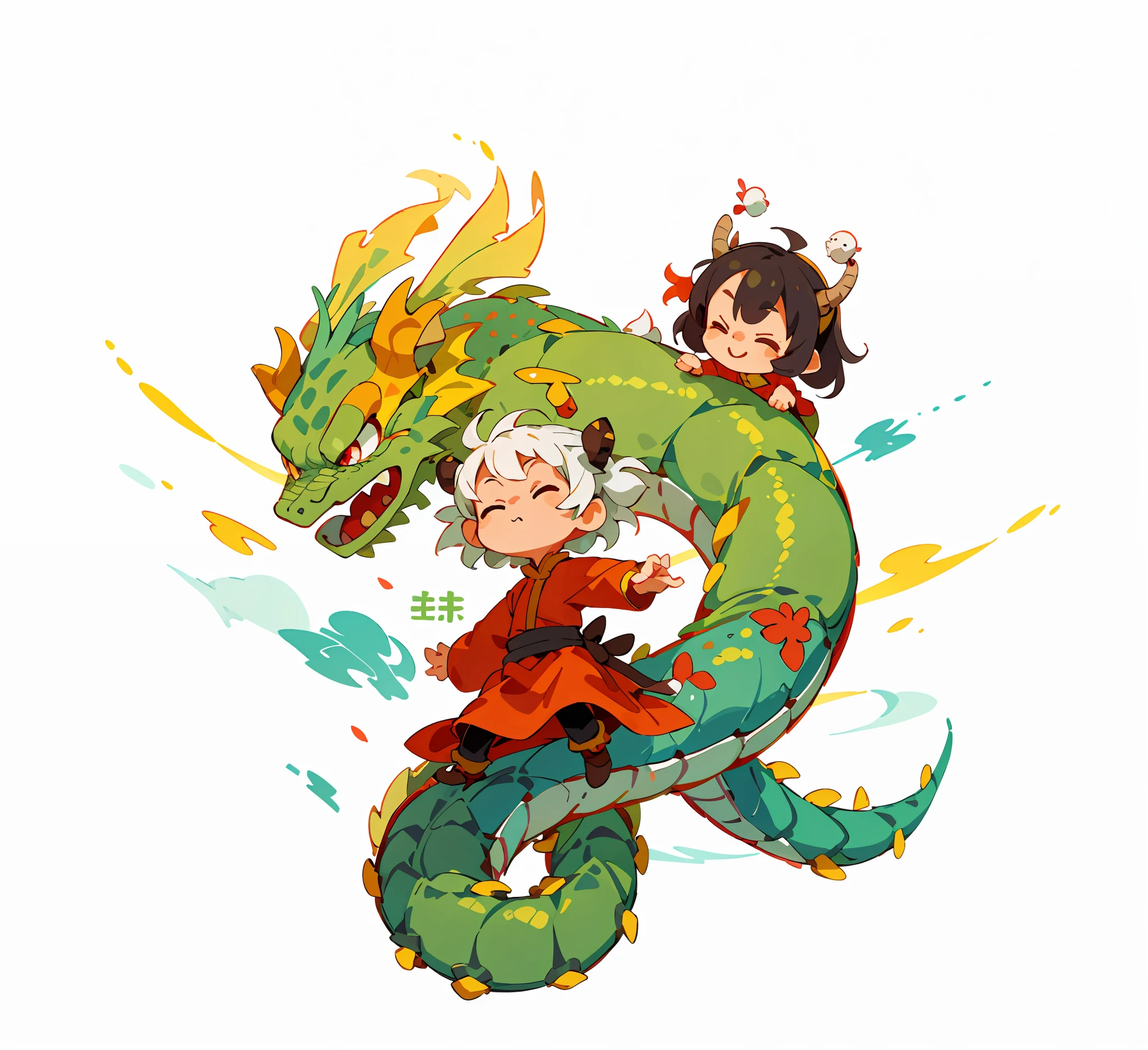 Single sticker, 1 sticker, three little dragons, cute little chinese dragon, chinese dragon, anthropomorphic, dragon lady, white background, no background, simple background, minimal, cute, tiny, pastel color, vector style, no gradient, multiple arrangement, unity, different movements, Studio Ghibli,
