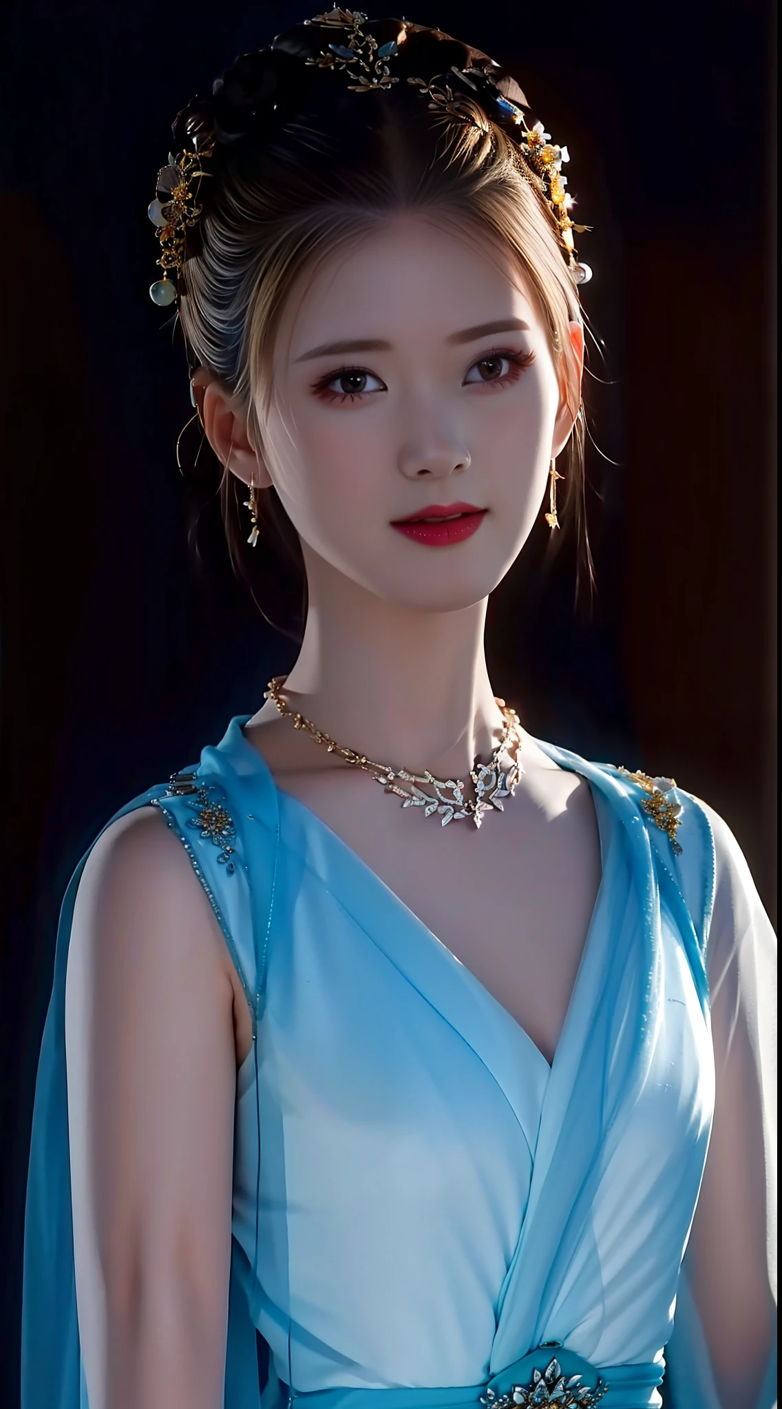 best quality, masterpiece, highres, 1girl,china dress,hair ornament,necklace, jewelry,Beautiful face,upon_body, tyndall effect,photorealistic, dark studio, rim lighting, two tone lighting,(high detailed skin:1.2), 8k uhd, dslr, soft lighting, high quality, volumetric lighting, candid, Photograph, high resolution, 4k, 8k, Bokeh, blonde hair,