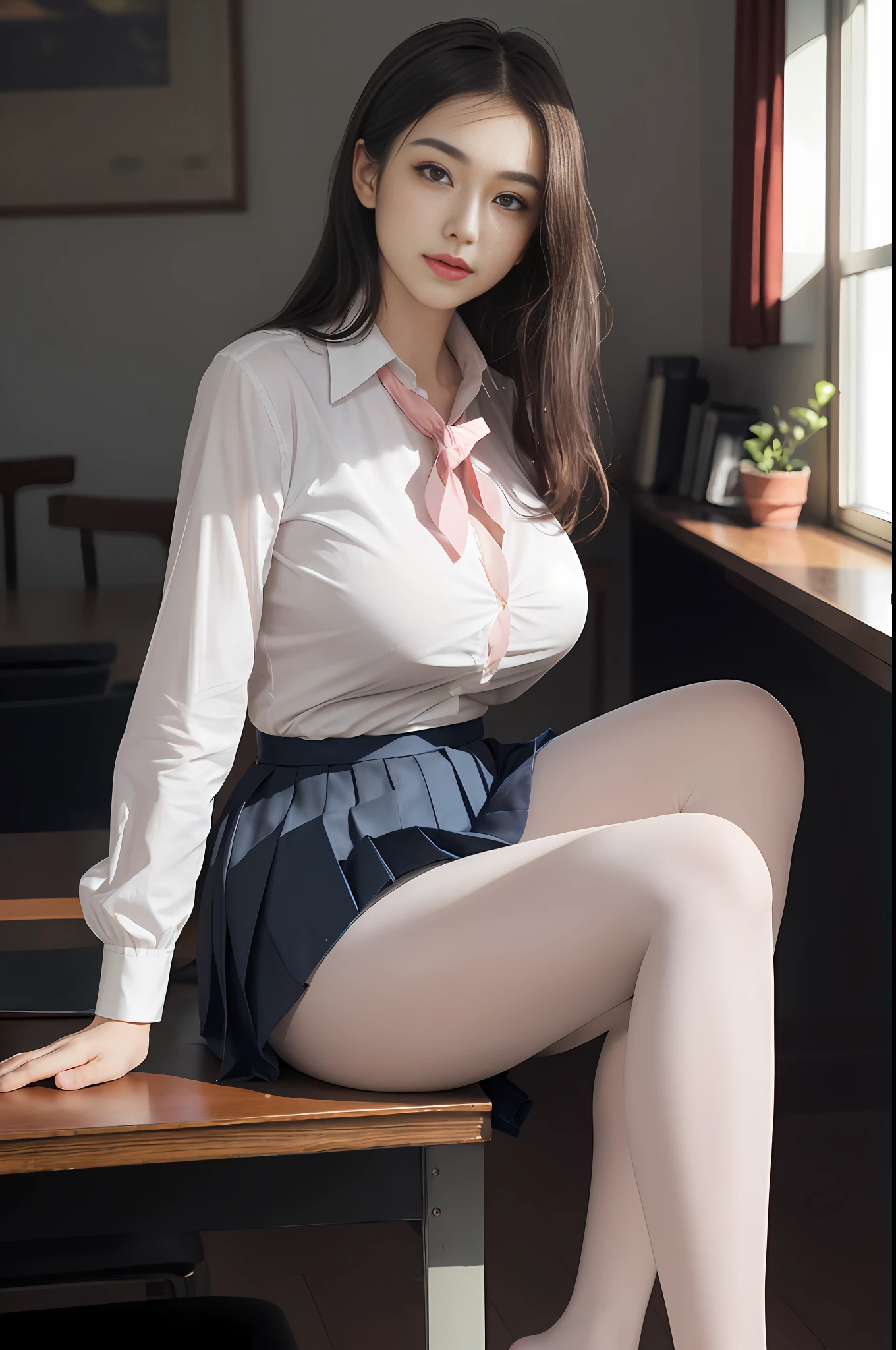 Ultra-realistic 8k cg, perfect face, flawless, clean, masterpiece, professional artwork, famous artwork, perfect face, beautiful face, beautiful eyes, ((perfect female body)), solo, (immersive atmosphere, chiaroscuro: 1.5, bright light: 1.2, luminous light), (blush: 0.5), enchanting expression, extreme detail _ eyes, thick thighs, huge breasts, delicate background, depth of field, realism: 1.3, vista, 1girl, shirt, pleated skirt, School uniform, sitting, full body, (ambient light: 1.3), (film composition: 1.3), (neon: 0.1), (HDR: 0.1), accent lighting, white pantyhose