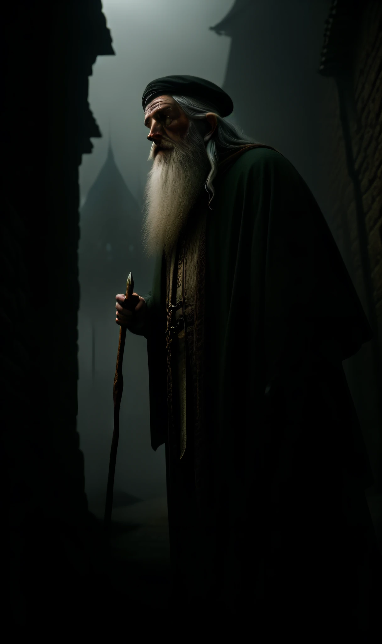 abstract colors, texture, film grain, skin pores:0.1 hasselblad dslr RAW photo, backlit intricate dramatic portrait of an old bearded wizard casting a spell, standing on medieval fantasy city (cobblestone street)1.2, foggy morning, shannara chronicles lotr gandalf hobbit willow concept art anna dittmann magali villeneuve marc simonetti, cinematic movie still frame, (analog style)1.3 (film grain)1.3