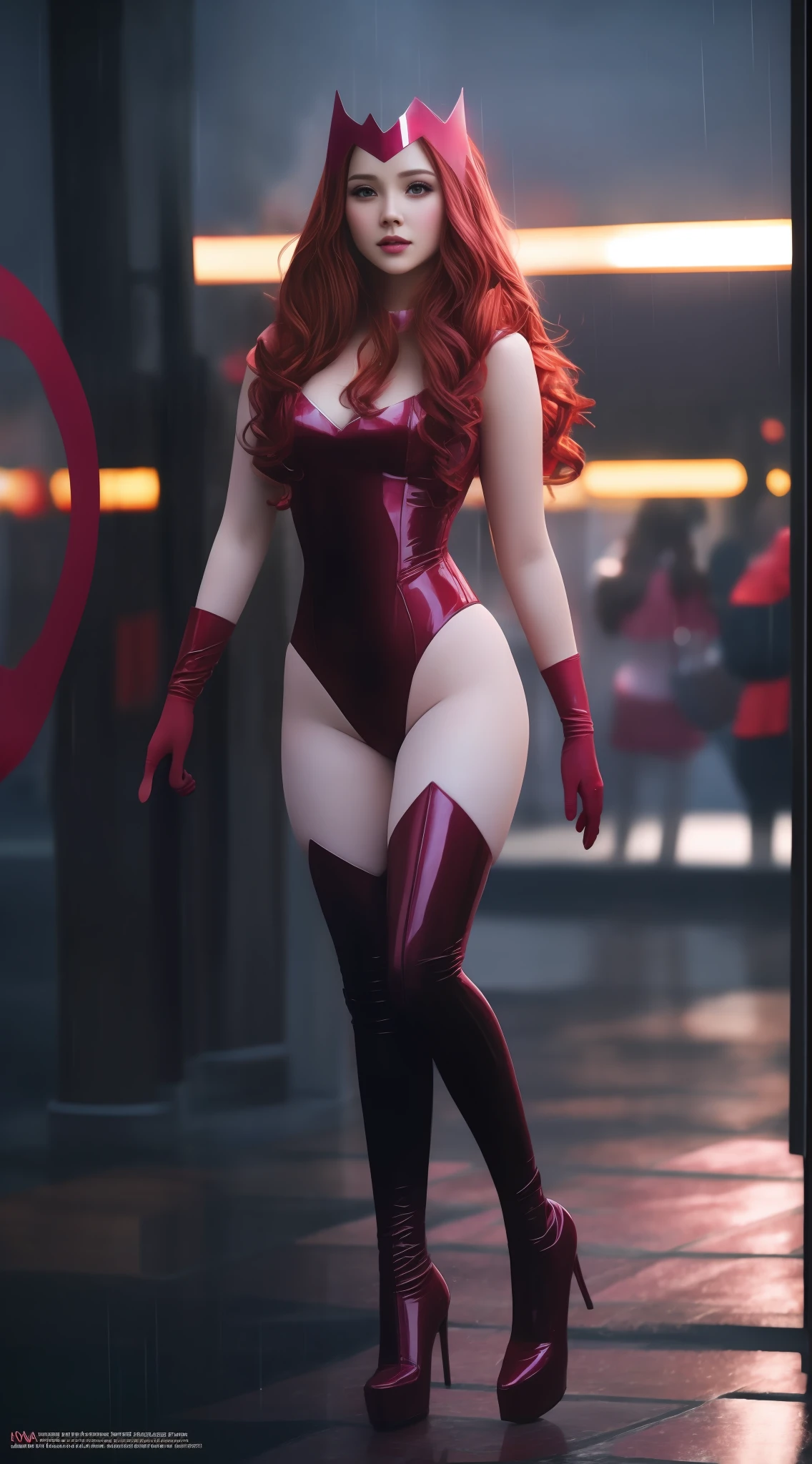 Beautiful woman, beautiful, Scarlet Witch Cosplay, red magic in the hands, Pink pantyhose, full body photo, scarlet witch tiara, Red swimsuit, Red boots, ((Scarlet Witch)), colorful bright red magic spell in the air, red and pink magic, bright particles, sorceress, red power, costume, pink pantyhose, prominent figure, night, photo (Masterpiece) (Best quality) (Detail) (8K) (HD) (Wallpaper) (Cinematic lighting) (Sharp focus)  (Intricate), sexy, rainy, wet, best quality, ultra high resolution, realistic photo, full body portrait, incredibly beautiful, dynamic poses, detailed skin texture, highly detailed skin, detailed face, beautiful legs, solo, large breasts,