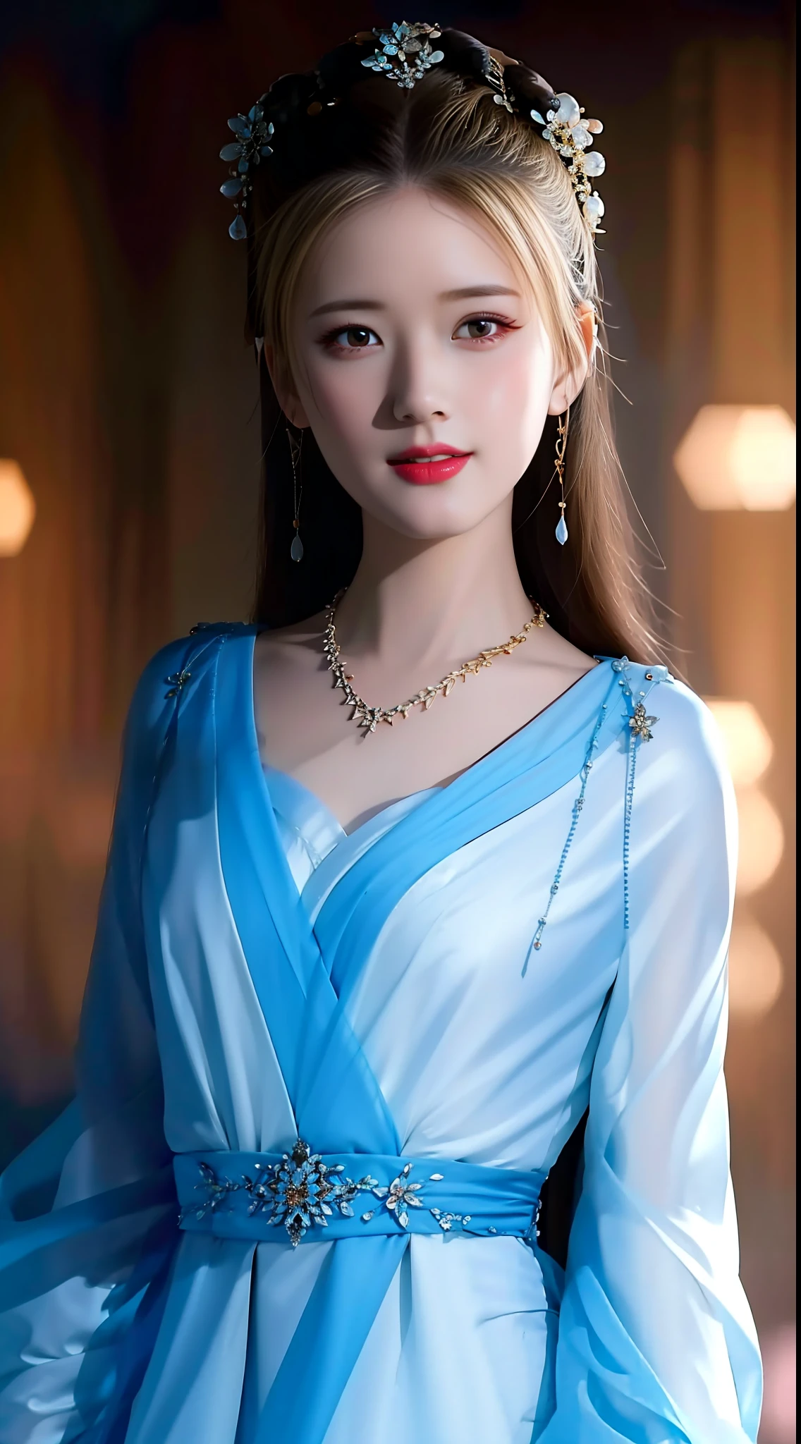 best quality, masterpiece, highres, 1girl,china dress,hair ornament,necklace, jewelry,Beautiful face,upon_body, tyndall effect,photorealistic, dark studio, rim lighting, two tone lighting,(high detailed skin:1.2), 8k uhd, dslr, soft lighting, high quality, volumetric lighting, candid, Photograph, high resolution, 4k, 8k, Bokeh, blonde hair,