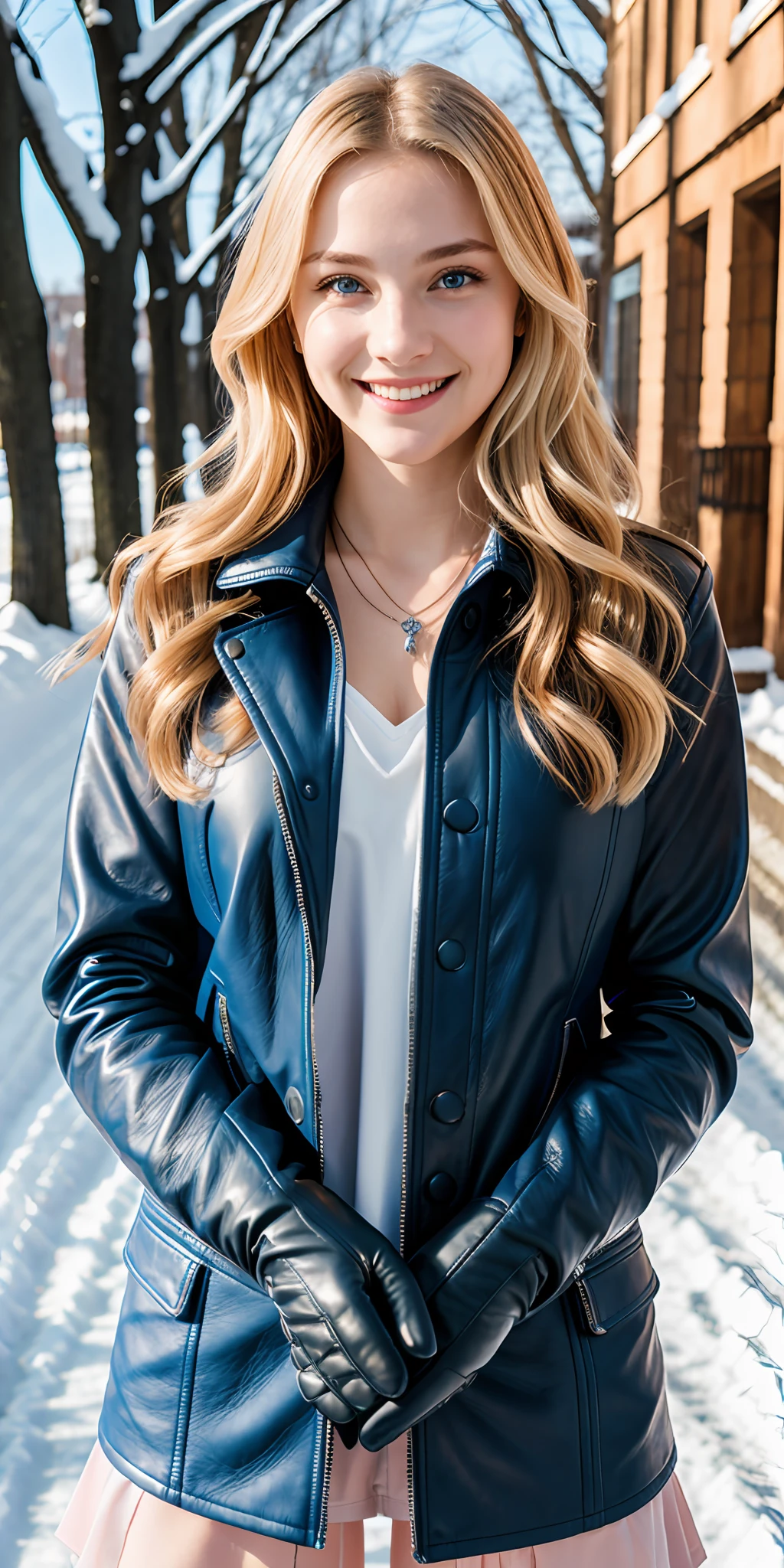 FRW, Very detailed CG Unity 8k wallpaper, a cute 18-year-old cute blonde Polish woman, a beautiful girl, a wonderful goddess, hot maiden, big breasts, blue eyes, pale skin (a masterpiece, beautiful person, well detailed face polluted smile, photorealistic, hyperrealistic), leather jacket clothes and tank top underneath, leather glove rubbing hands warming in a snowy street (blue open sky),  and smiling (light lighting).