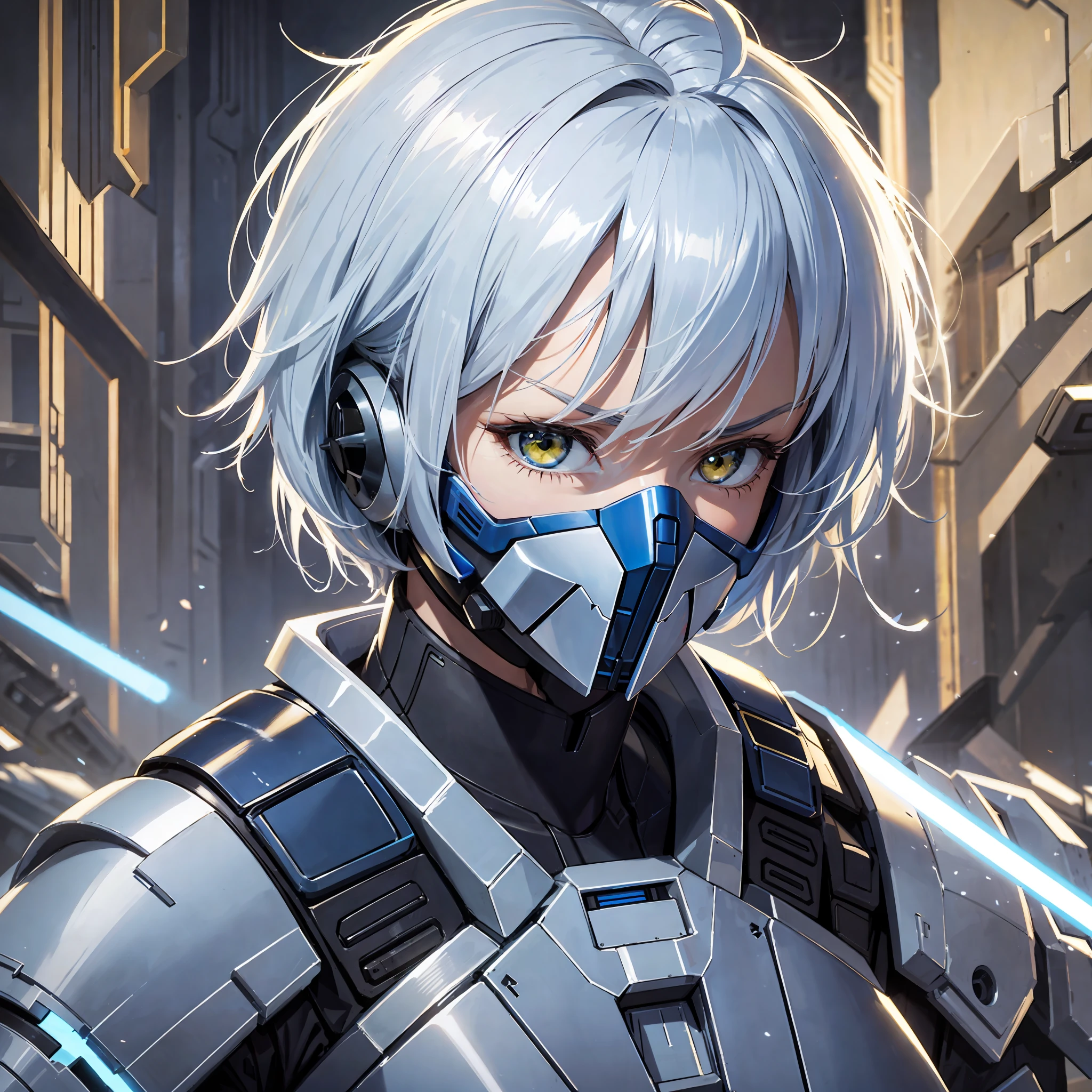 Blue lightsaber in hand, short hair, serious face, combat attire, white hair, yellow eyes, white armor, android, human appearance, adult woman, metallic face mask --auto --s2