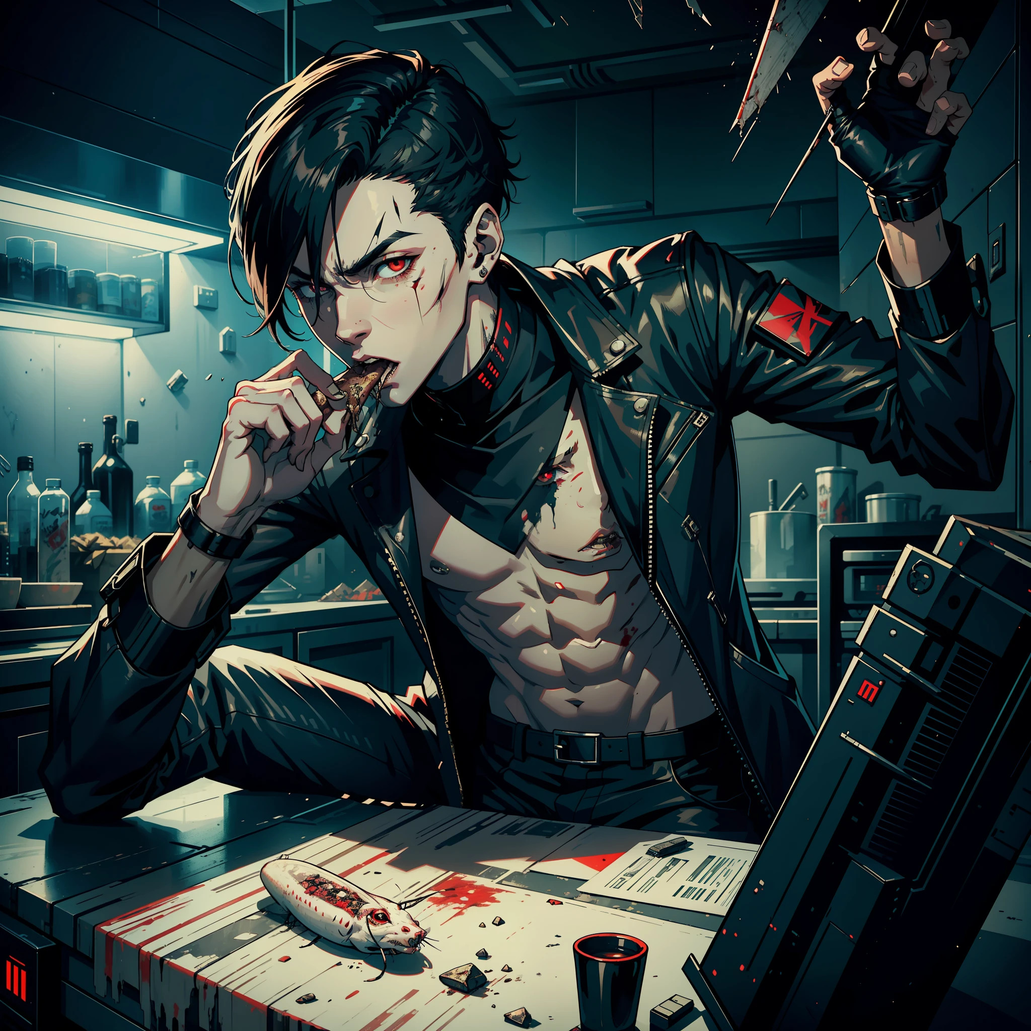 Cyberpunk, a dashing young guy with short black hair, handsome clear and delicate facial features, with his mouth open, his mouth biting a fat dirty dead rat, bleeding. Bloodshot mouth, sitting on the table in the kitchen, painful expressions, dirty environment, messy cutlery. Fly mosquitoes. Disgusting.