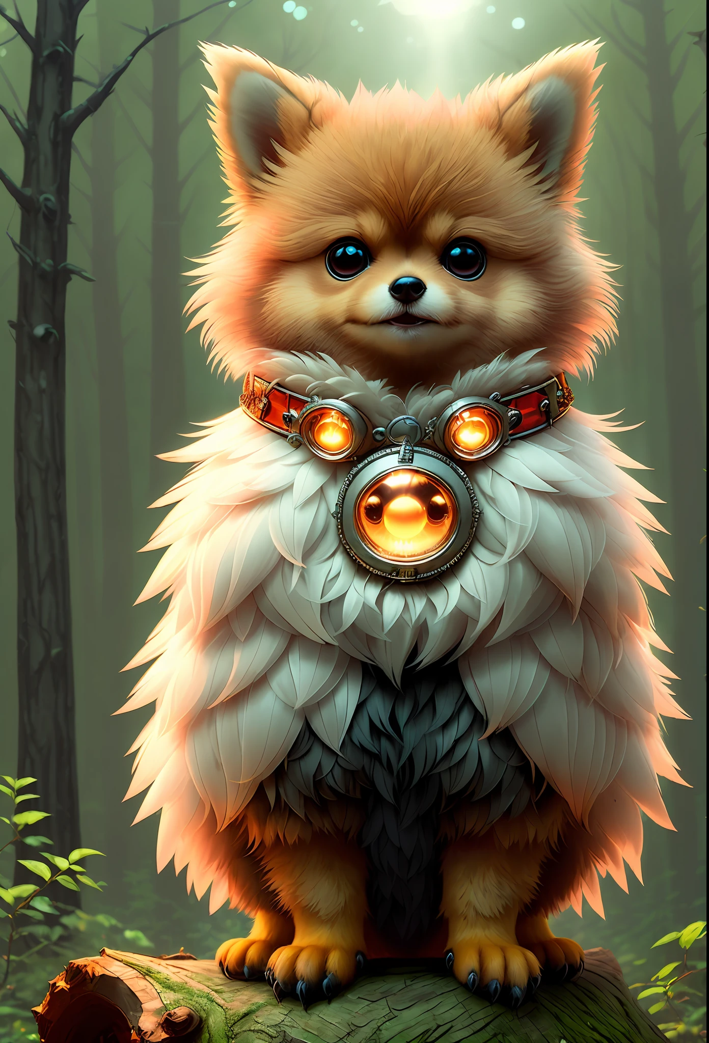 a baby red feathered pomeranian, multi colored fur made of bushy feathers, sitting on a log in the forest, wearing a futuristic collar with colorful tiny lights, highly detailed fur, cute, symmetrical, soft lighting, highly detailed face, concept art, digital painting, looking into camera, (fireflies), fog, night, moon, (cbzbb:1.25) cute big circular reflective sparkling eyes, unreal engine cinematic smooth, intricate detail