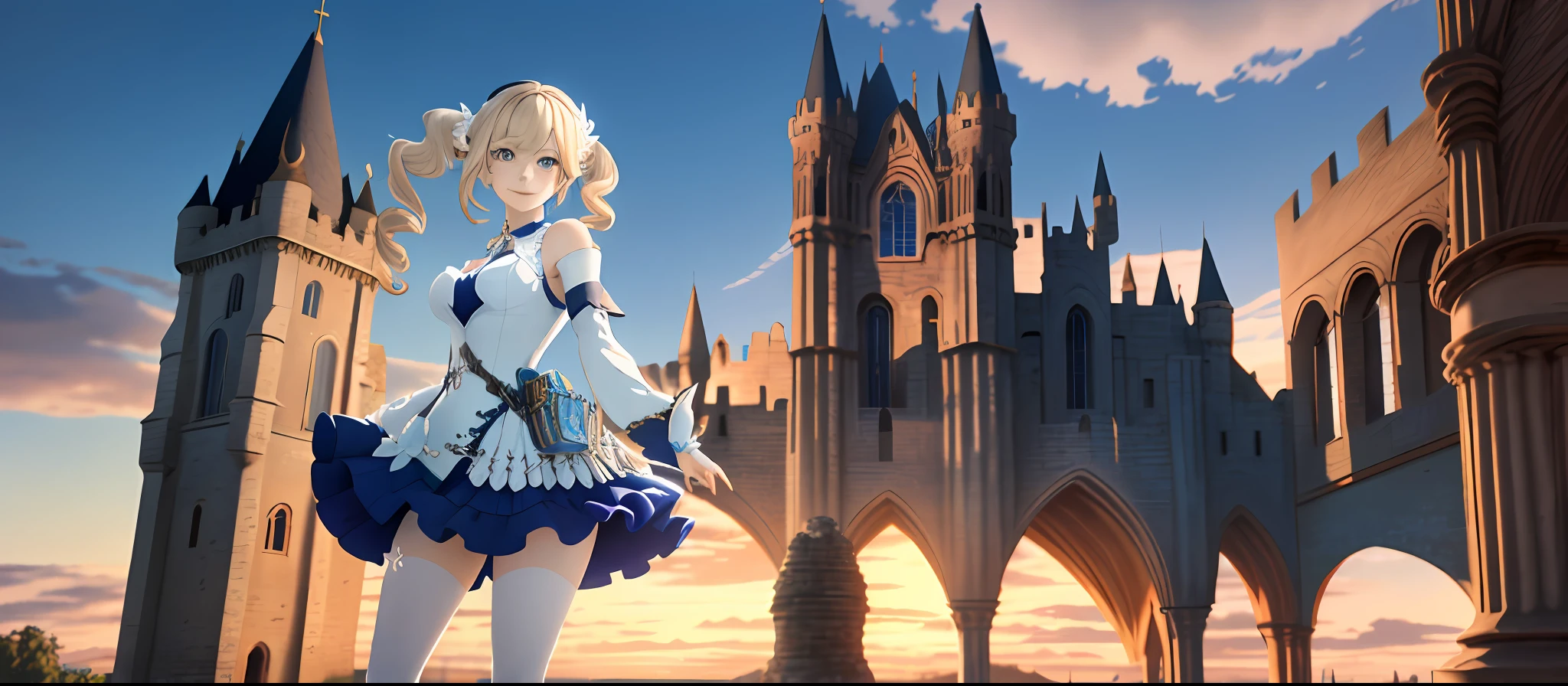 Anime - Style screenshot of a woman in a dress and a castle, Barbara Genshin Impact, from the video game Azur Lane, Standing Near a Castle, (Castle in the background), Pretty Female Cleric, screenshot of Black Clover, Atelier Lulua, Cleric, from Bravely Default II, Genshin Impact Style, official art, masterpiece, sharp focus, ( beautiful and cute woman 1.3), (beautiful and cute:  1.3), beauty, hair and eyes and delicate and beautiful face, realistic, ultra detailed, beautiful girl, blue sky, bright white particle, (side lighting: 1.2), sunlight, white cloud, detailed clouds, slender, smile with teeth, ((delicate face, minimalist in the details)), scenery, long and straight hair, cheerful facial expression, construction, (cathedral landscape: 1.7), dynamic hair, long straight hair,  detailed platinum hair, bright blue eyes, long white socks, pale skin, hair ornament, epic scenery