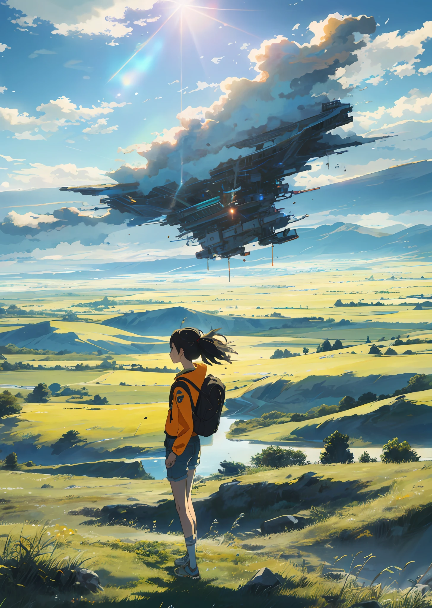 The vast sky, beautiful skyline, large grasslands, extremely tense and dramatic pictures, moving visual effects, the high-hanging Polaris, and colorful natural light. Long-sleeved top, denim shorts, and a girl with a backpack.