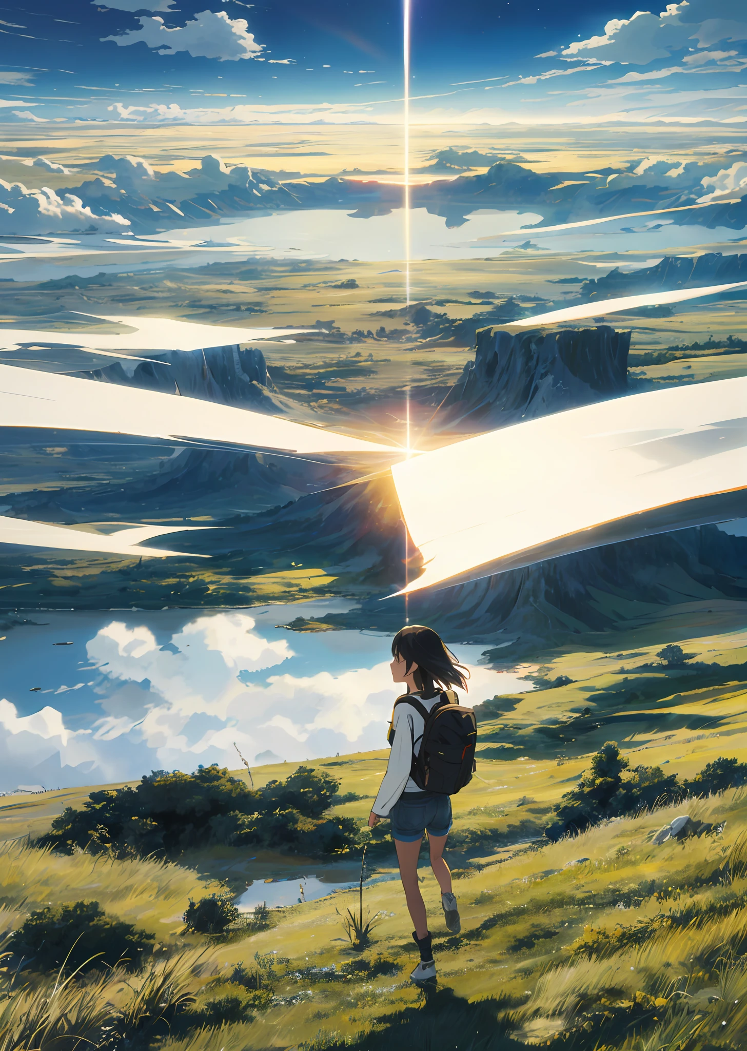 The vast sky, beautiful skyline, large grasslands, extremely tense and dramatic pictures, moving visual effects, the high-hanging Polaris, and colorful natural light. Long-sleeved top, denim shorts, and a girl with a backpack.