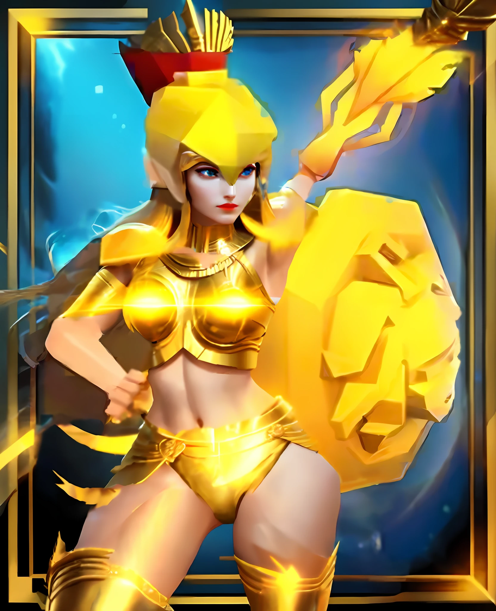 Woman in gold costume with golden shield and golden spear, golden long spear, thin jaw, red lipstick, strong-willed large double eyelid eyes, blue eyes, beauty, dark lashes, golden goddess Athena, god Athena, 3D goddess Minerva, Venus god Athena, Greek goddess Athena, (White silk skirt))))), epic 3D Oshun, Athena goddess of wisdom, golden armor, storm Egyptian god, Apsaras warrior, Greek Amazonian warrior, goddess of war, white waistband, beautiful thighs, long boots made of leather up to golden thighs, golden panties