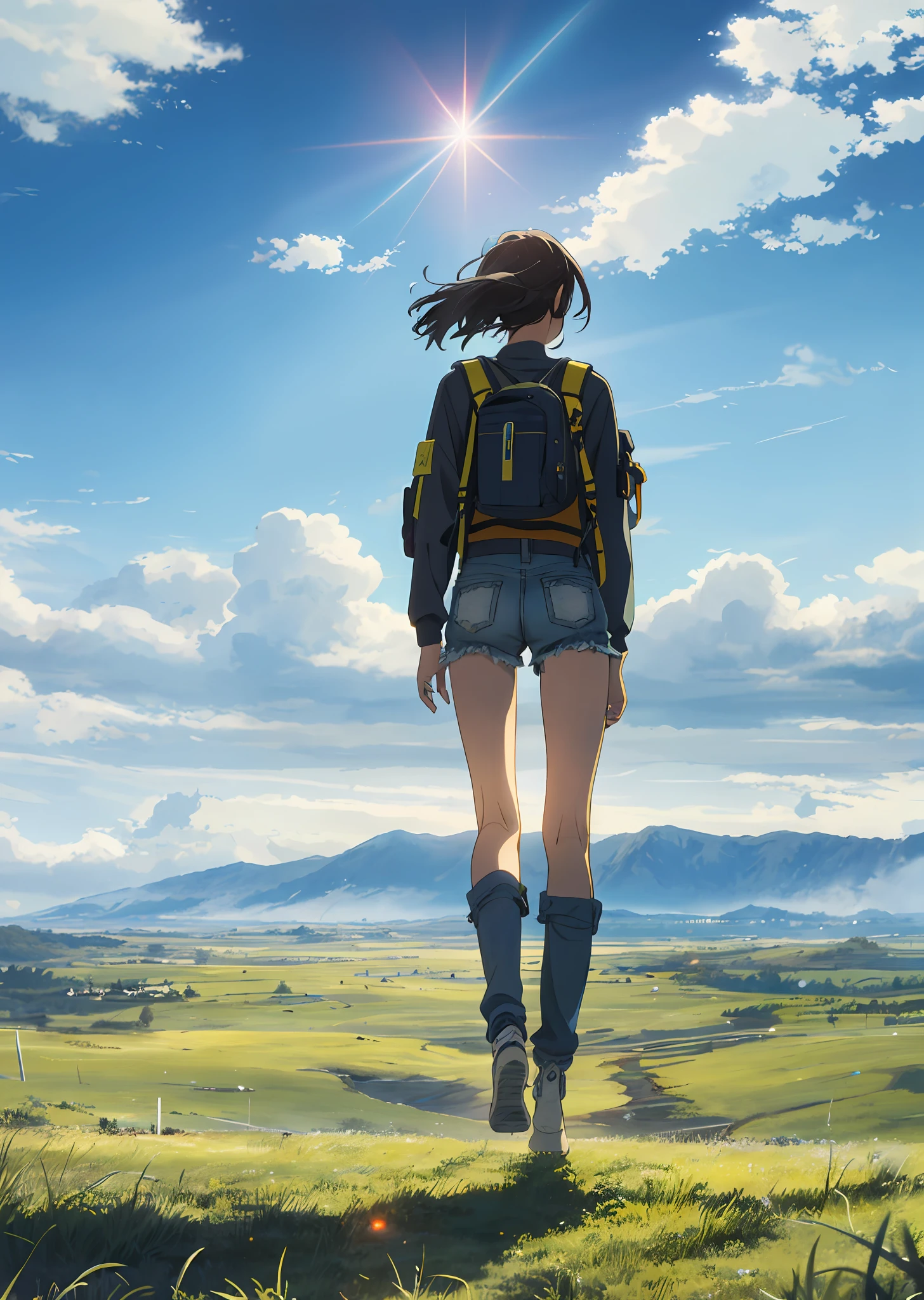 The vast sky, beautiful skyline, large grasslands, extremely tense and dramatic pictures, moving visual effects, the high-hanging Polaris, and colorful natural light. Long-sleeved top, denim shorts, and a girl with a backpack.