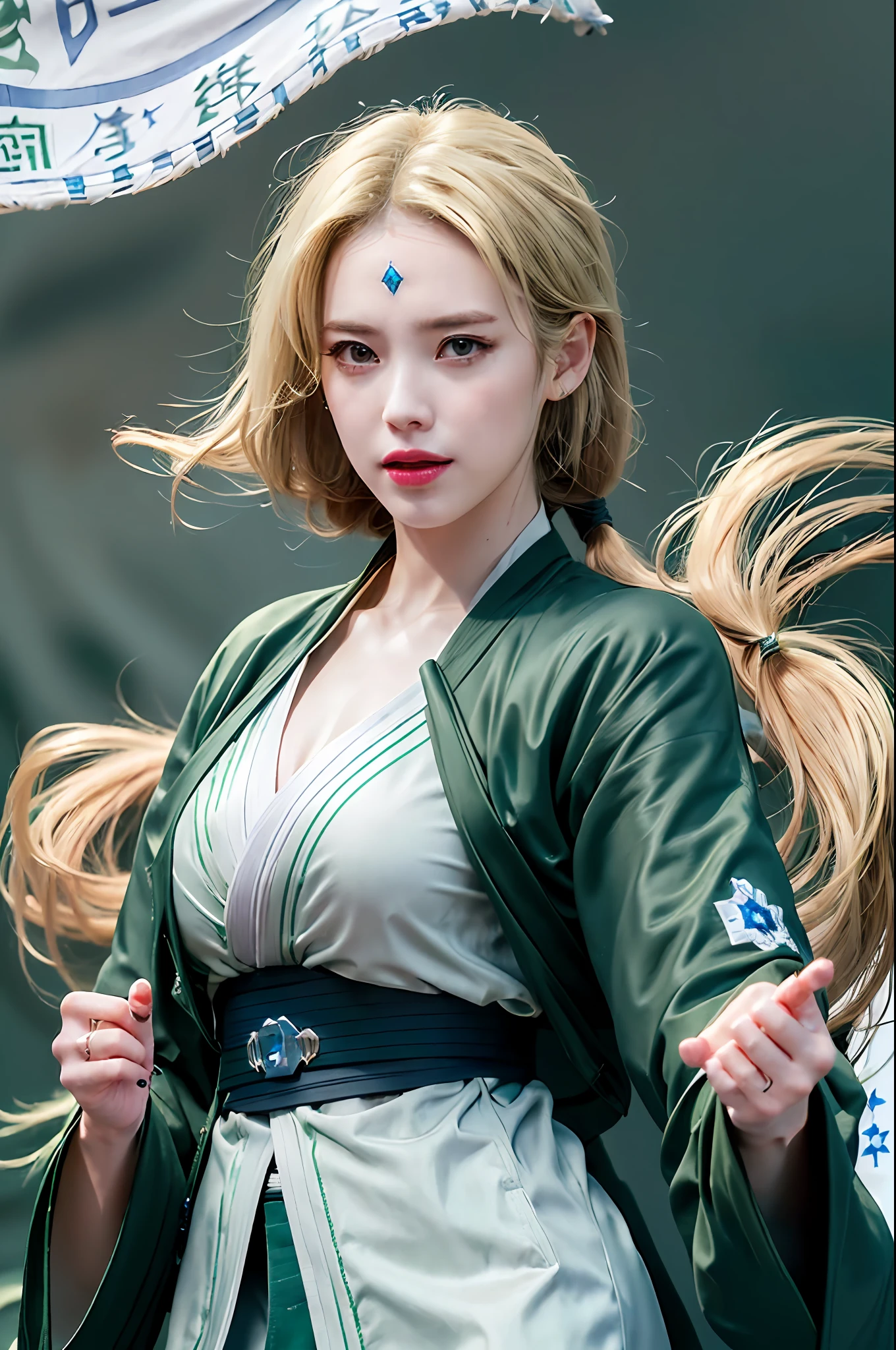 IU1,High resolution, sharp focus, pixiv masterpiece, ((intricate details)), high detail, upper body, 1 girl, mature, (((blonde)), ((blue diamond forehead marker, white kimono, green jacket, black cloth belt)), tsunade_senju,