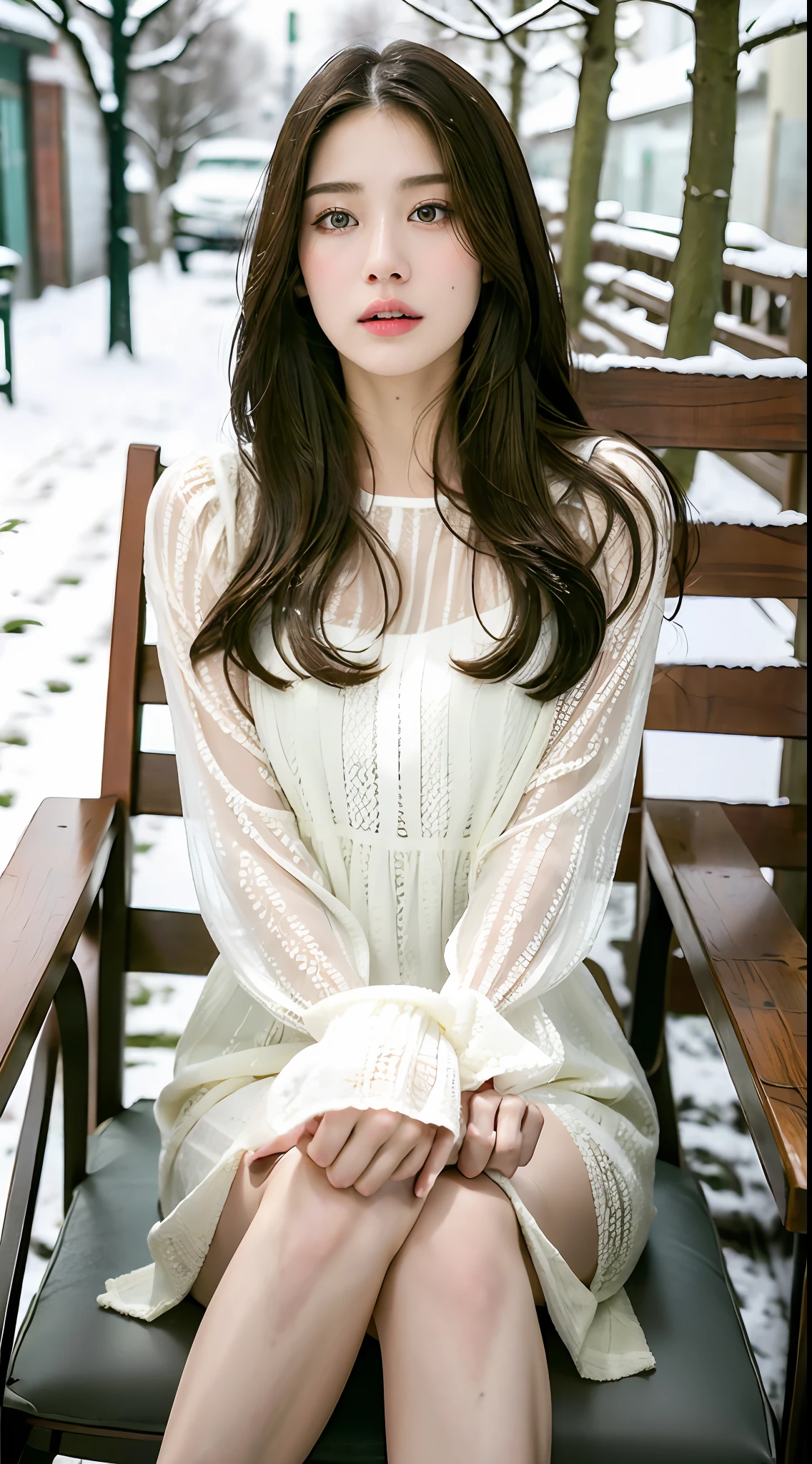 ((Best Quality, 8K, Masterpiece: 1.3)), 1 girl, perfect facial features, full body, full of temptation, snow-white skin, slim face, beautiful woman with long snow-white legs, (dark brown hair), patterned transparent dress :1.1, ultra-detailed face, detailed eyes, double eyelids, blurred background, slim face, city, outside, sitting on a streetside chair, gun,