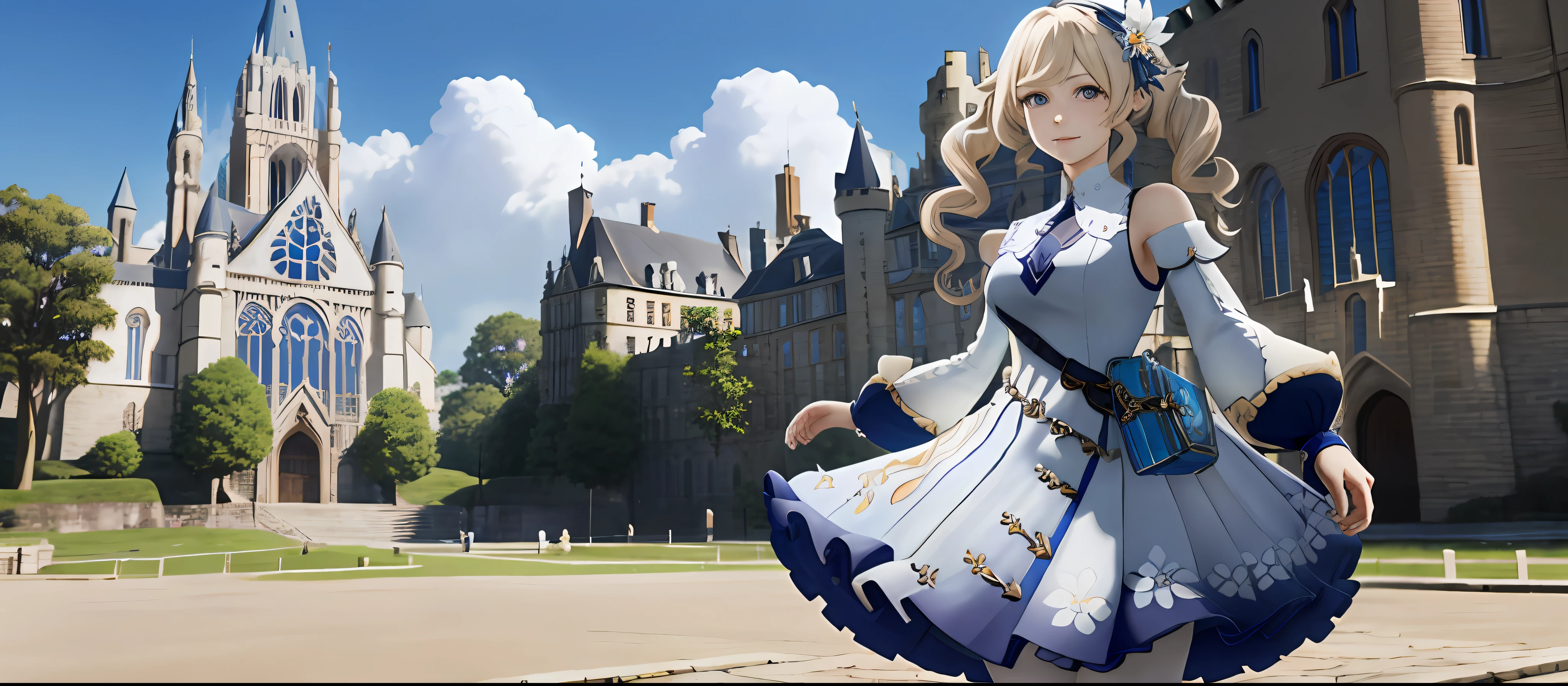 Anime - Style screenshot of a woman in a dress and a castle, Barbara Genshin Impact, from the video game Azur Lane, Standing Near a Castle, (Castle in the background), Pretty Female Cleric, screenshot of Black Clover, Atelier Lulua, Cleric, from Bravely Default II, Genshin Impact Style, official art, masterpiece, sharp focus, ( beautiful and cute woman 1.3), (beautiful and cute: 1.3), beauty, hair and eyes and delicate and beautiful face, realistic, ultra detailed, beautiful girl, blue sky, bright white particle, (side lighting: 1.2), sunlight, white cloud, detailed clouds, slender, smile with teeth, ((delicate face, minimalist in the details)), scenery, long and straight hair, cheerful facial expression, construction, (cathedral landscape: 1.7), dynamic hair, long straight hair, detailed platinum hair, bright blue eyes, long white socks, pale skin, hair ornament, epic scenery