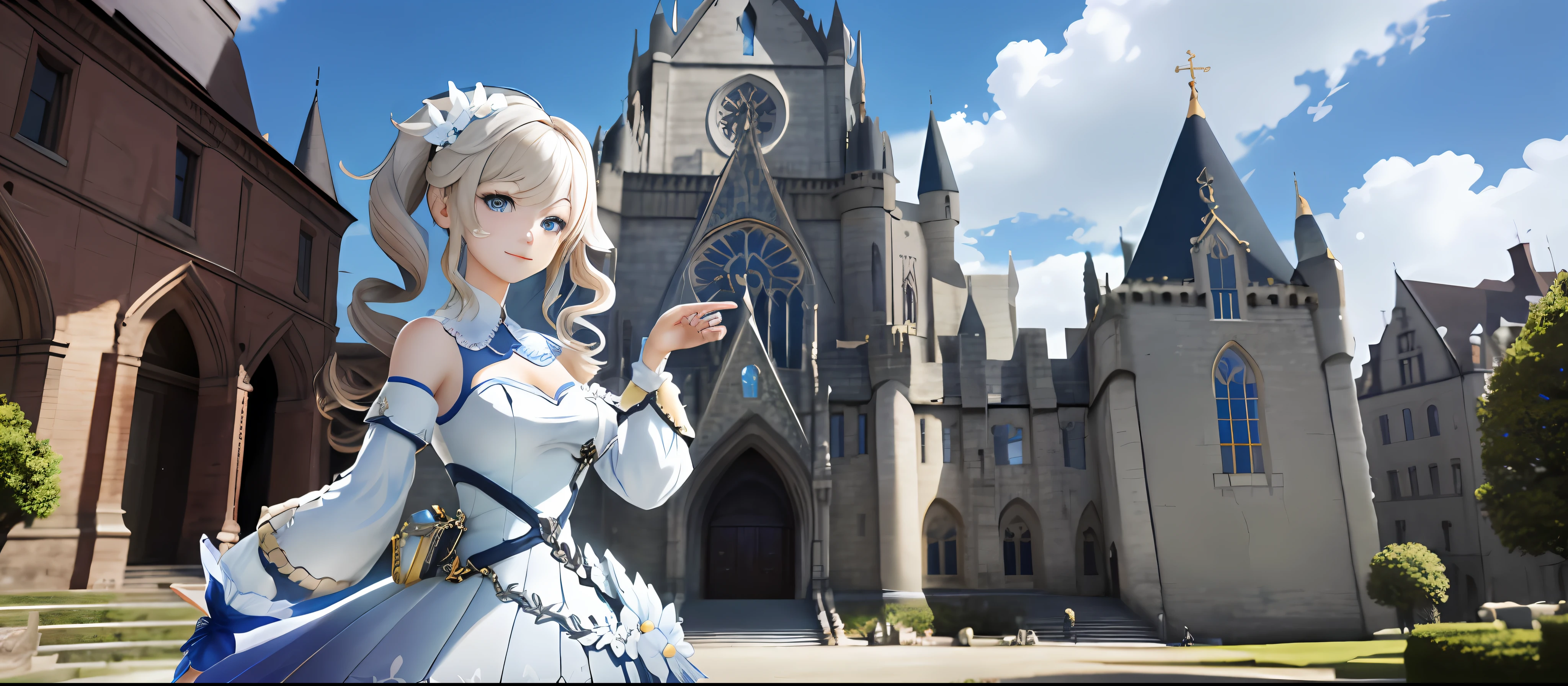 Anime - Style screenshot of a woman in a dress and a castle, Barbara Genshin Impact, from the video game Azur Lane, Standing Near a Castle, (Castle in the background), Pretty Female Cleric, screenshot of Black Clover, Atelier Lulua, Cleric, from Bravely Default II, Genshin Impact Style, official art, masterpiece, sharp focus, ( beautiful and cute woman 1.3), (beautiful and cute:  1.3), beauty, hair and eyes and delicate and beautiful face, realistic, ultra detailed, beautiful girl, blue sky, bright white particle, (side lighting: 1.2), sunlight, white cloud, detailed clouds, slender, smile with teeth, ((delicate face, minimalist in the details)), scenery, long and straight hair, cheerful facial expression, construction, (cathedral landscape: 1.7), dynamic hair, long straight hair,  detailed platinum hair, bright blue eyes, long white socks, pale skin, hair ornament, epic scenery