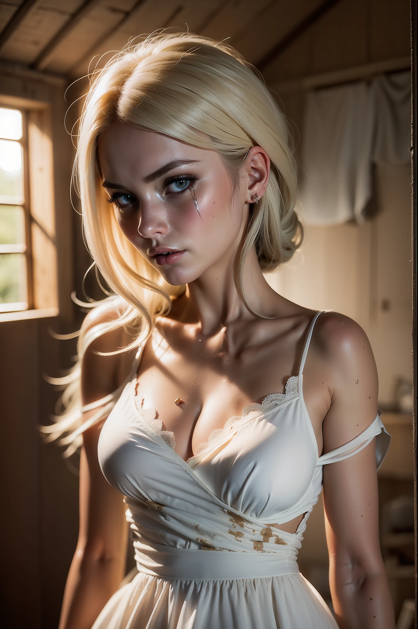 ((Elisha Cuthbert)), (tall and slender figure), (small_breasts:1,8), the frightened woman stands in a dark hayloft, (she seems helpless), ((she is sad)), (sad big eyes), ((she has tears in her eyes)), ((small head)), ((torn dress)), ((white heavily soiled dress)), (cotton dress), (covered by dirt), ((detailed realistic face and eyes)), cinematic lighting, 8K resolution, (tattered clothes), whole body