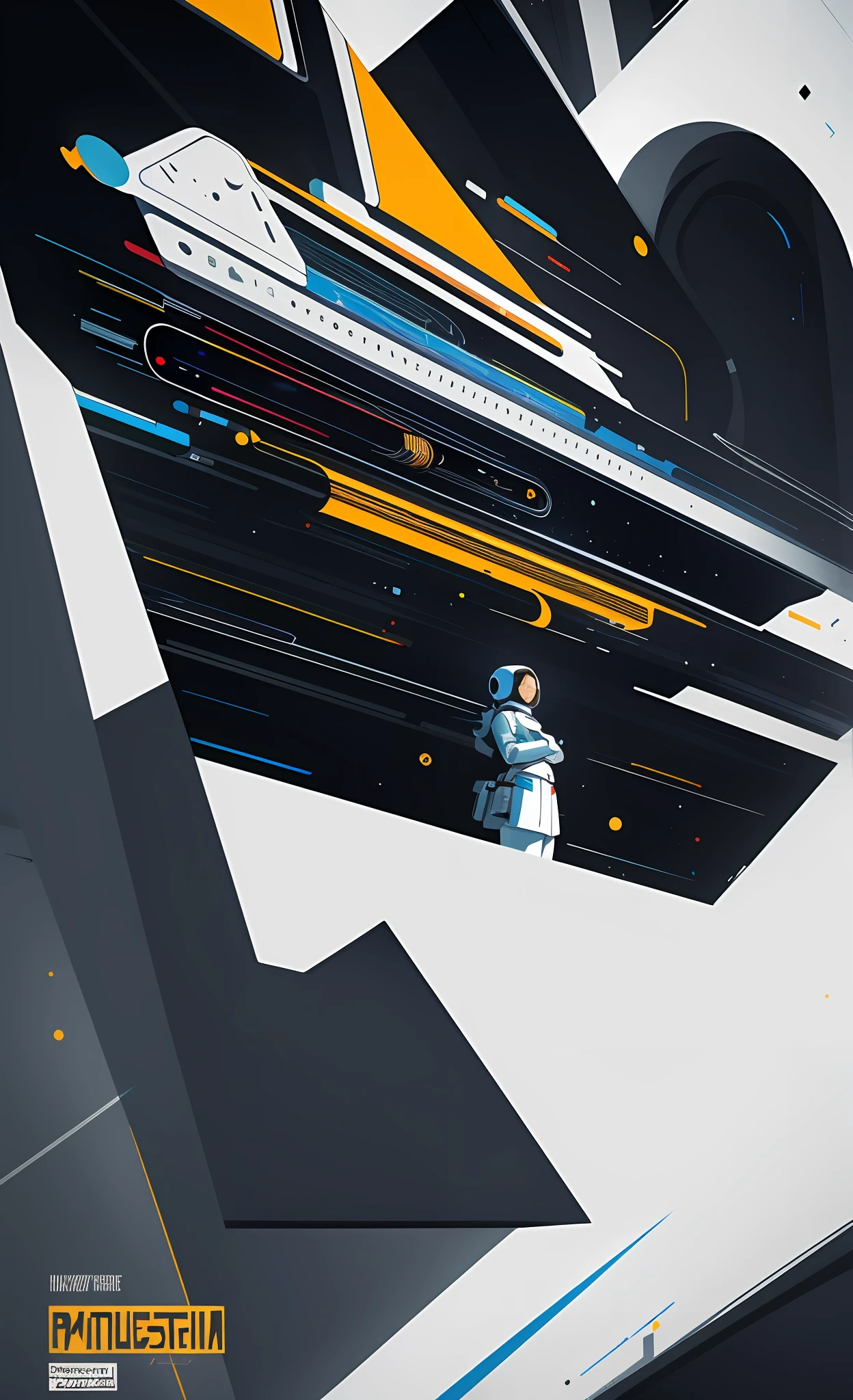 masterpiece, best quality, 1girl, space thriller movie poster, poster_with_white_frame,Bauhaus, shapes, lines, abstract