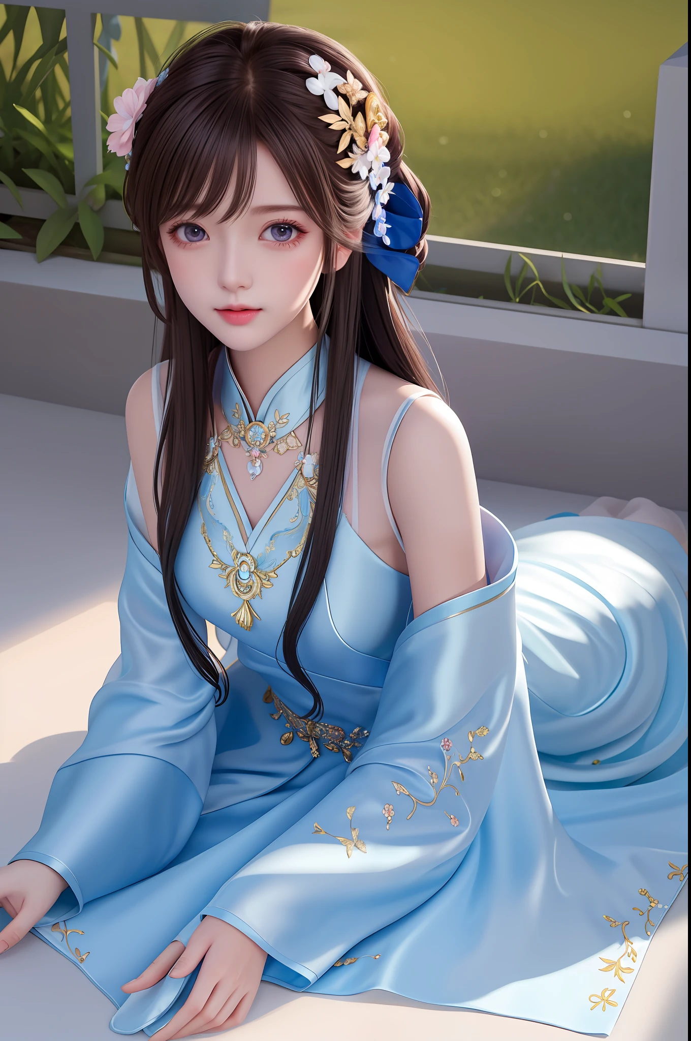 ((masterpiece)), (((best quality))), ((ultra detailed)), ((illustration)), highres, 1 girl, tyndall effect, photorealistic, rim lighting, two tone lighting, (high detail skin: 1.2), soft light, volumetric light, looking at viewer, photo, beautiful detailed face, black hair, hair accessories, dark brown eyes, necklace, jewelry, lying down, lying on body, blue dress, porcelain dress, white dress, pink grass, cheongsam, silk dress, small chest, no smile, anime