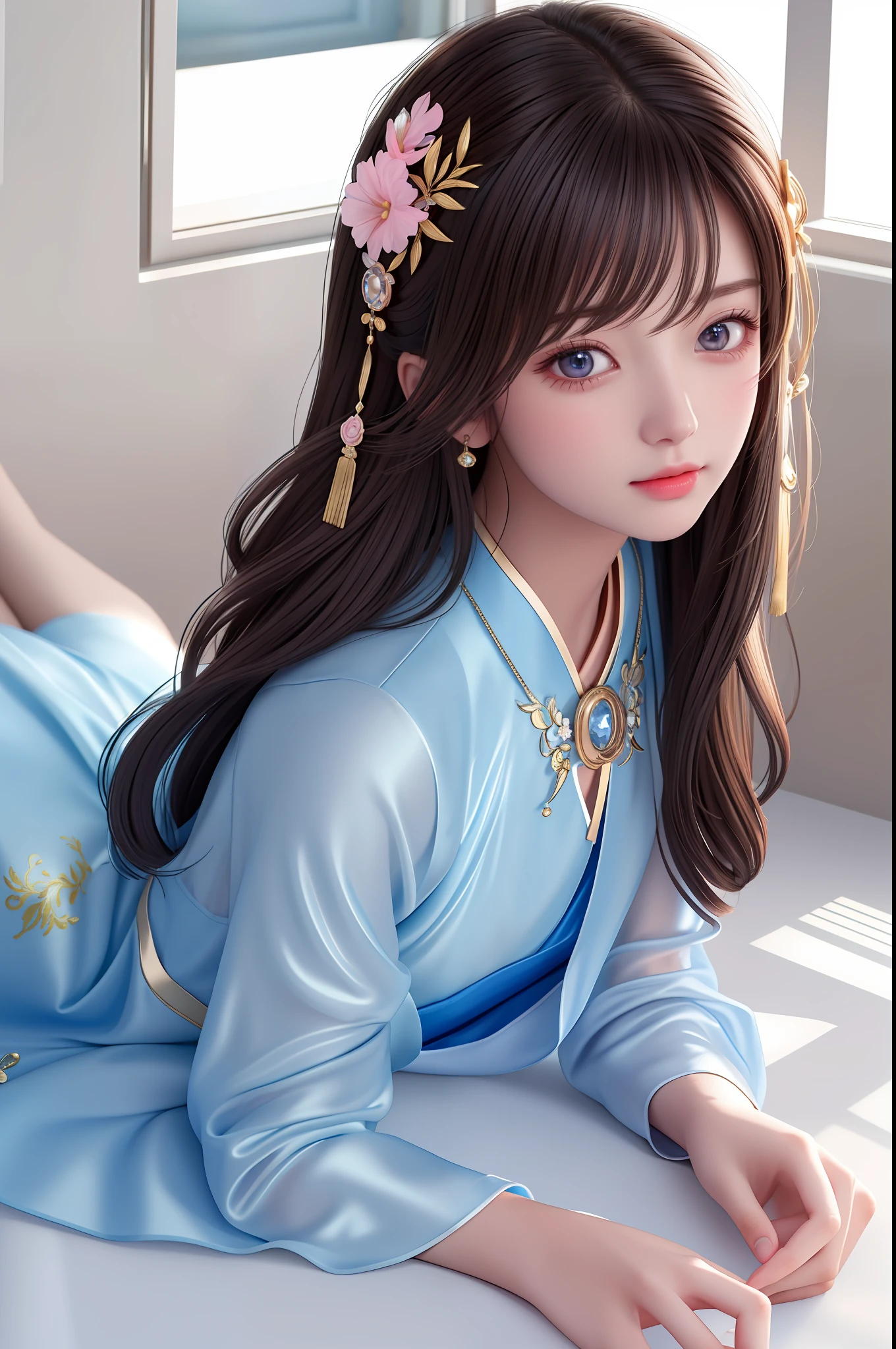 ((masterpiece)), (((best quality))), ((ultra detailed)), ((illustration)), highres, 1 girl, tyndall effect, photorealistic, rim lighting, two tone lighting, (high detail skin: 1.2), soft light, volumetric light, looking at viewer, photo, beautiful detailed face, black hair, hair accessories, dark brown eyes, necklace, jewelry, lying down, lying on body, blue dress, porcelain dress, white dress, pink grass, cheongsam, silk dress, small chest, no smile, anime