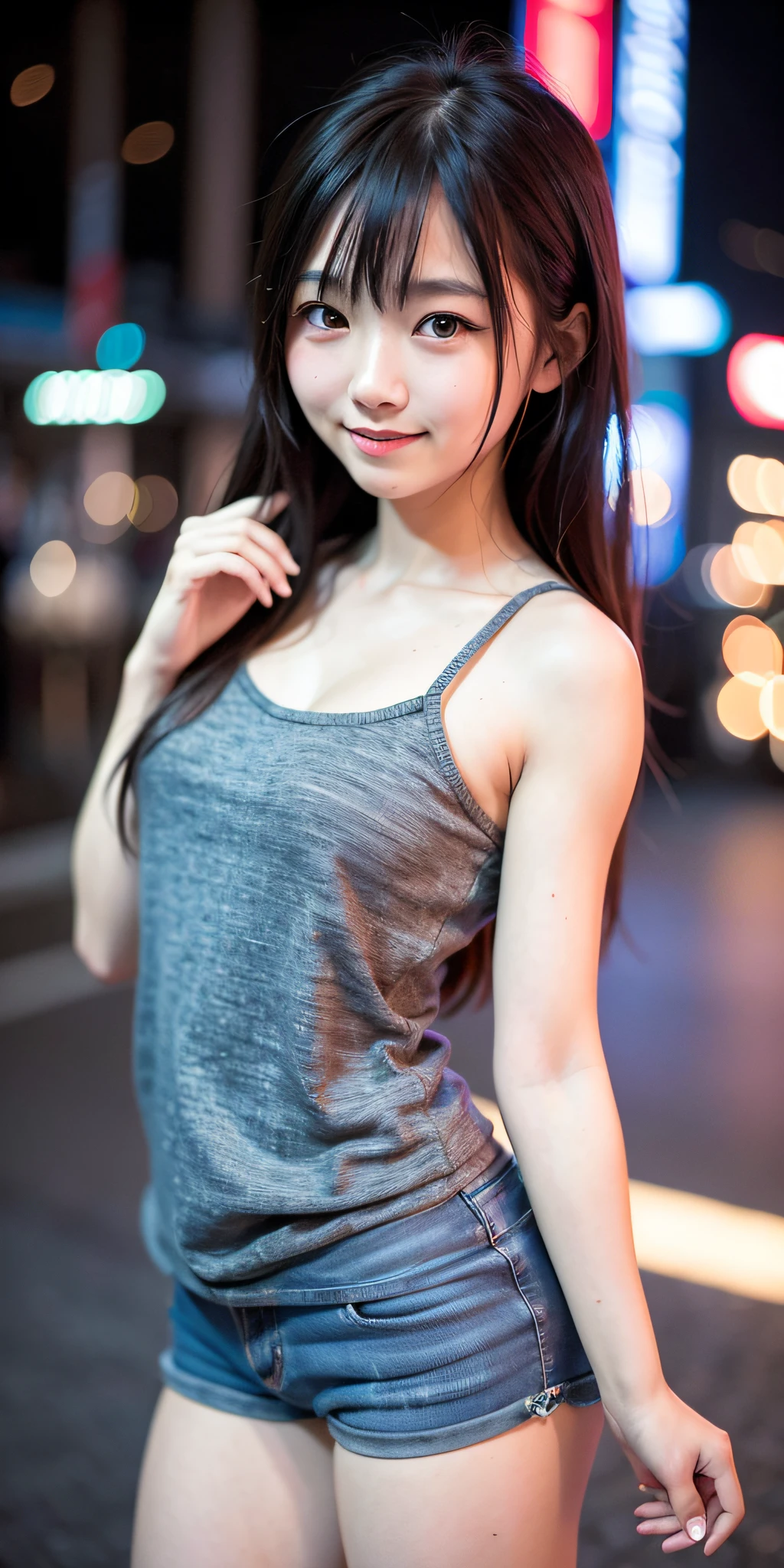 1girl, Tokyo street,night, cityscape,city lights,upper body,close-up,smile,, (8k, RAW photo, best quality, masterpiece:1.2),(realistic, photo-realistic:1.37),